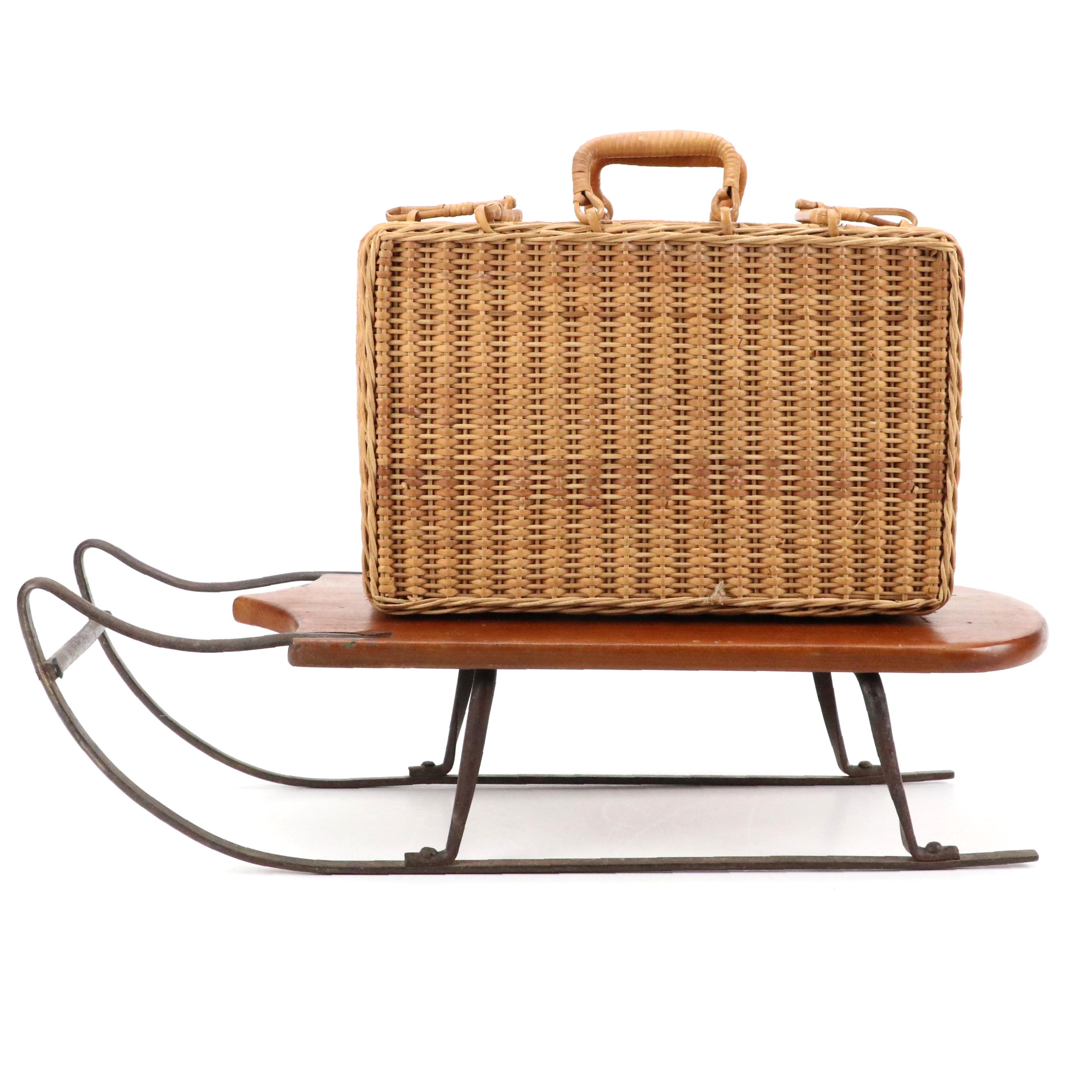 Heller Maximug Wicker Picnic Basket with Doll's Wood and Cast Iron Runner Sled