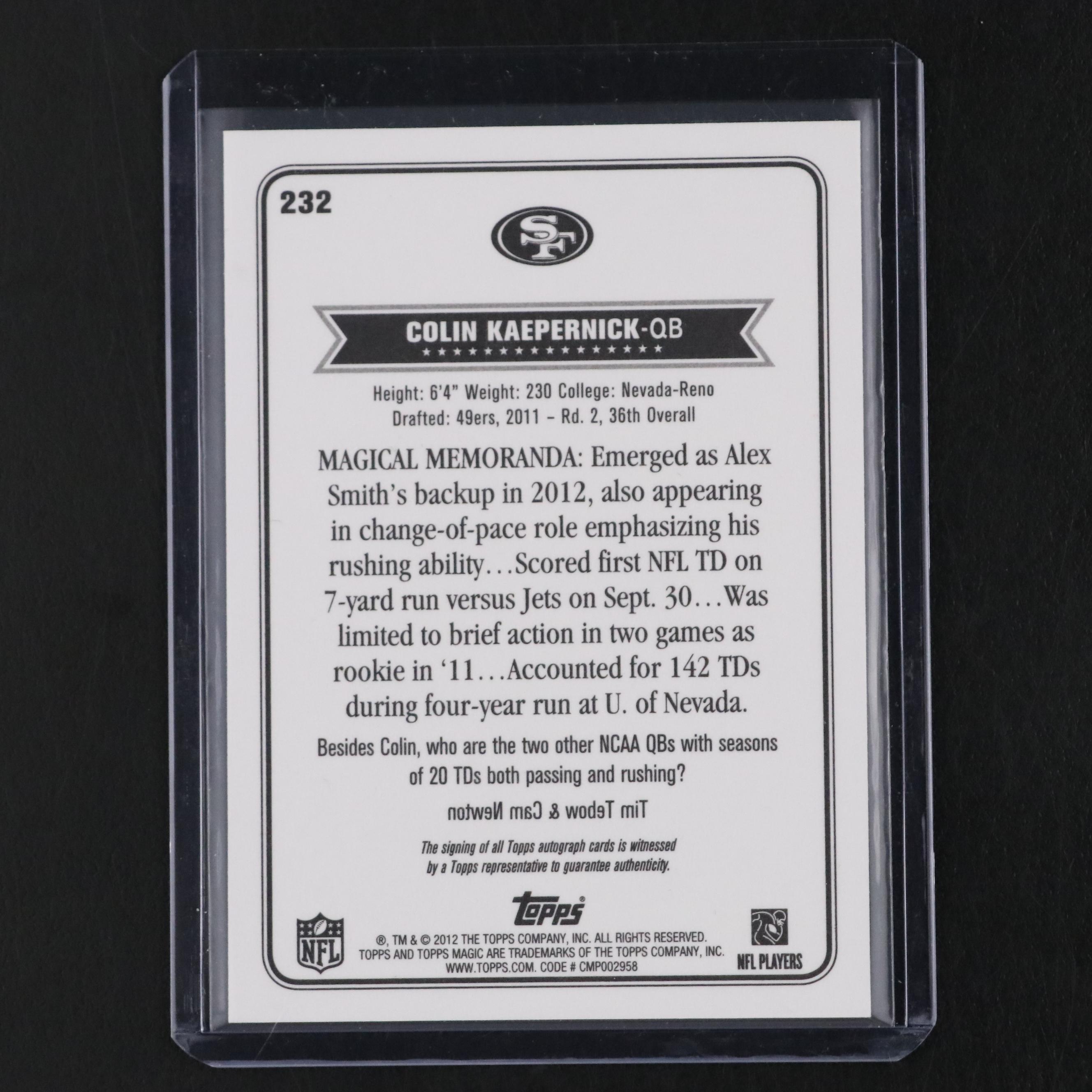 2012 Topps Magic Colin Kaepernick Signed San Francisco 49ers Football Card