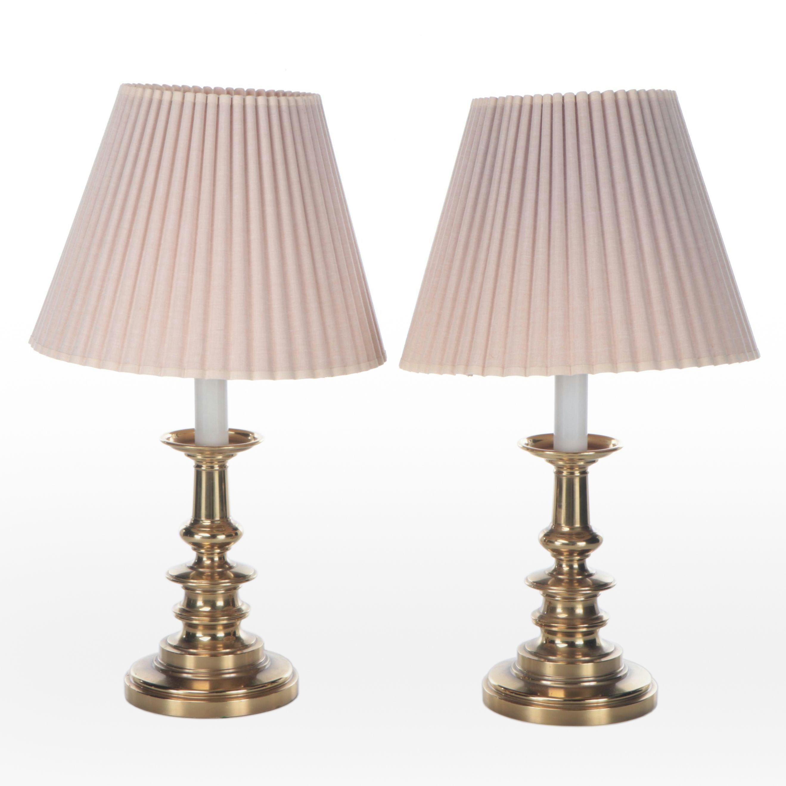 Pair of Stiffel Spun Brass Table Lamps with Crimped Fabric Shades, Late 20th C