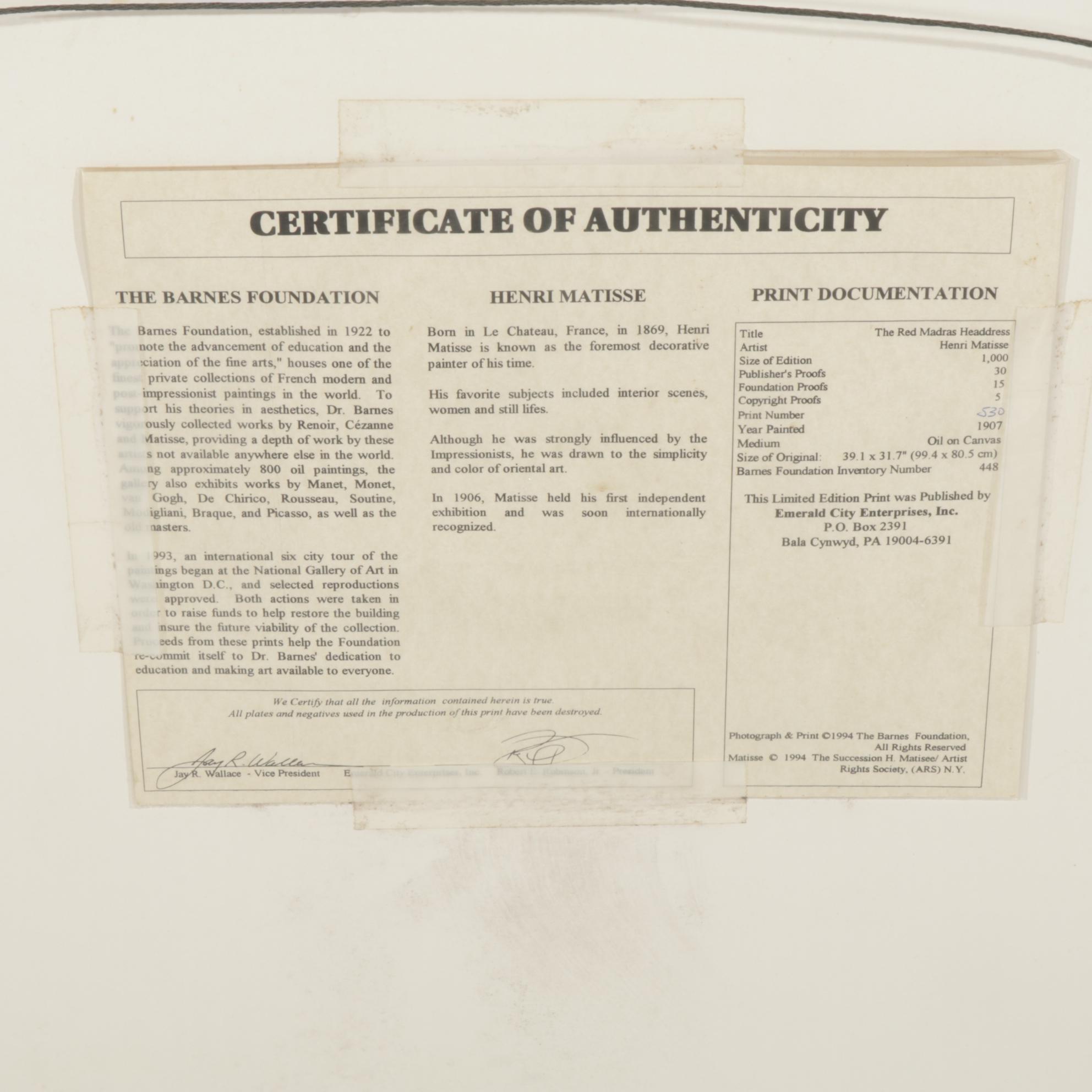 Offset Lithograph After Henri Matisse "The Red Madras Headdress"