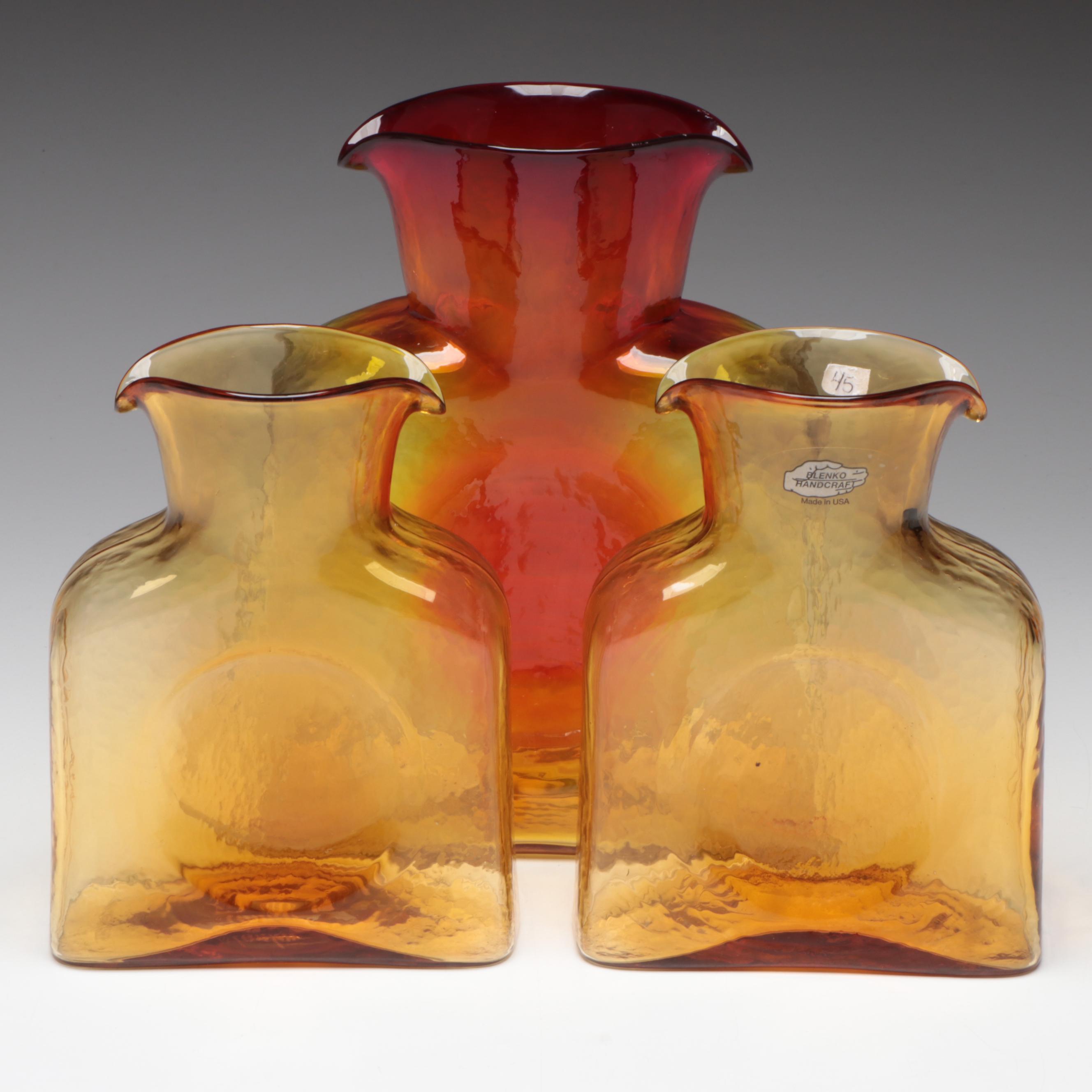 Blenko Tangerine and Honey Double Spout Glass Water Bottles, 20th Century