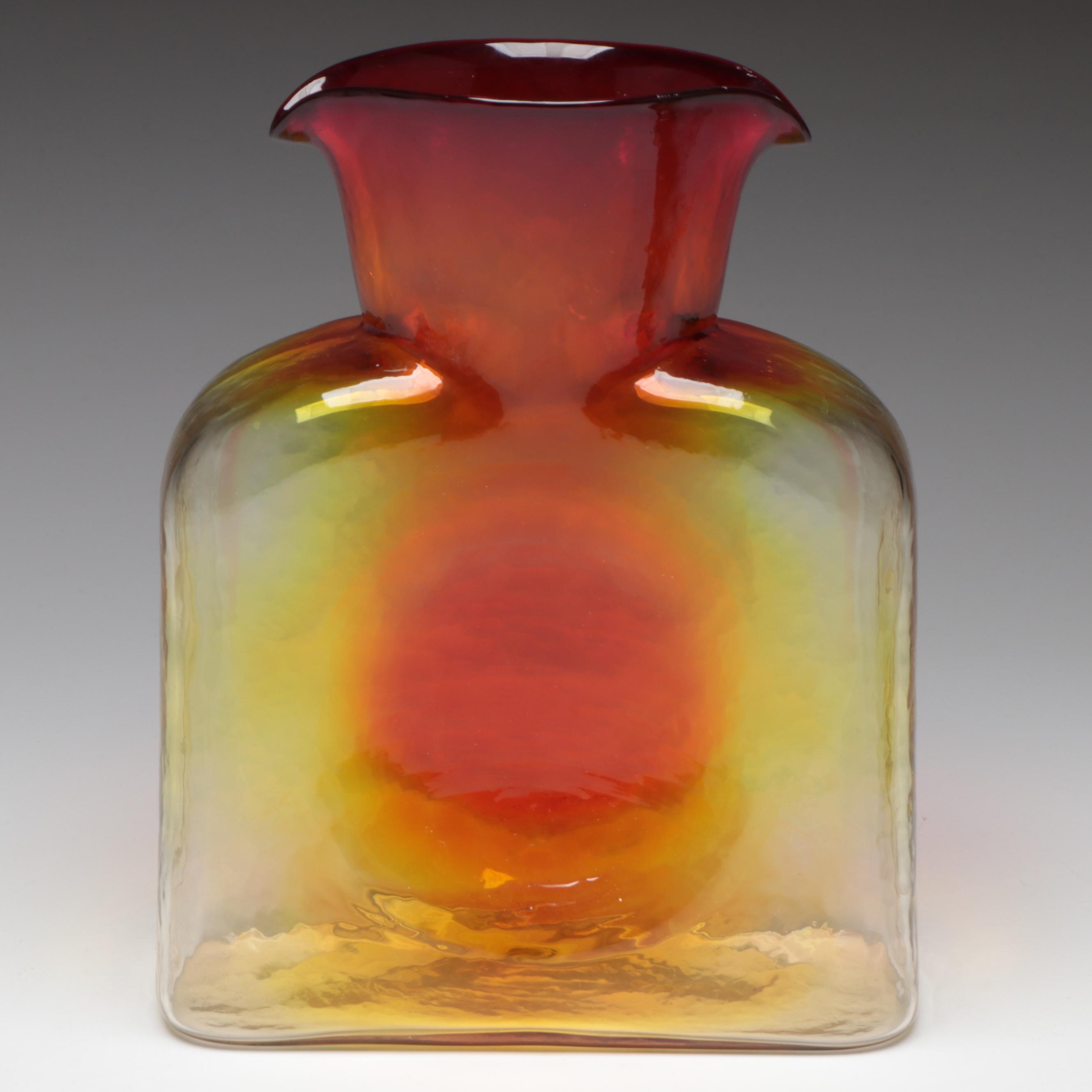 Blenko Tangerine and Honey Double Spout Glass Water Bottles, 20th Century