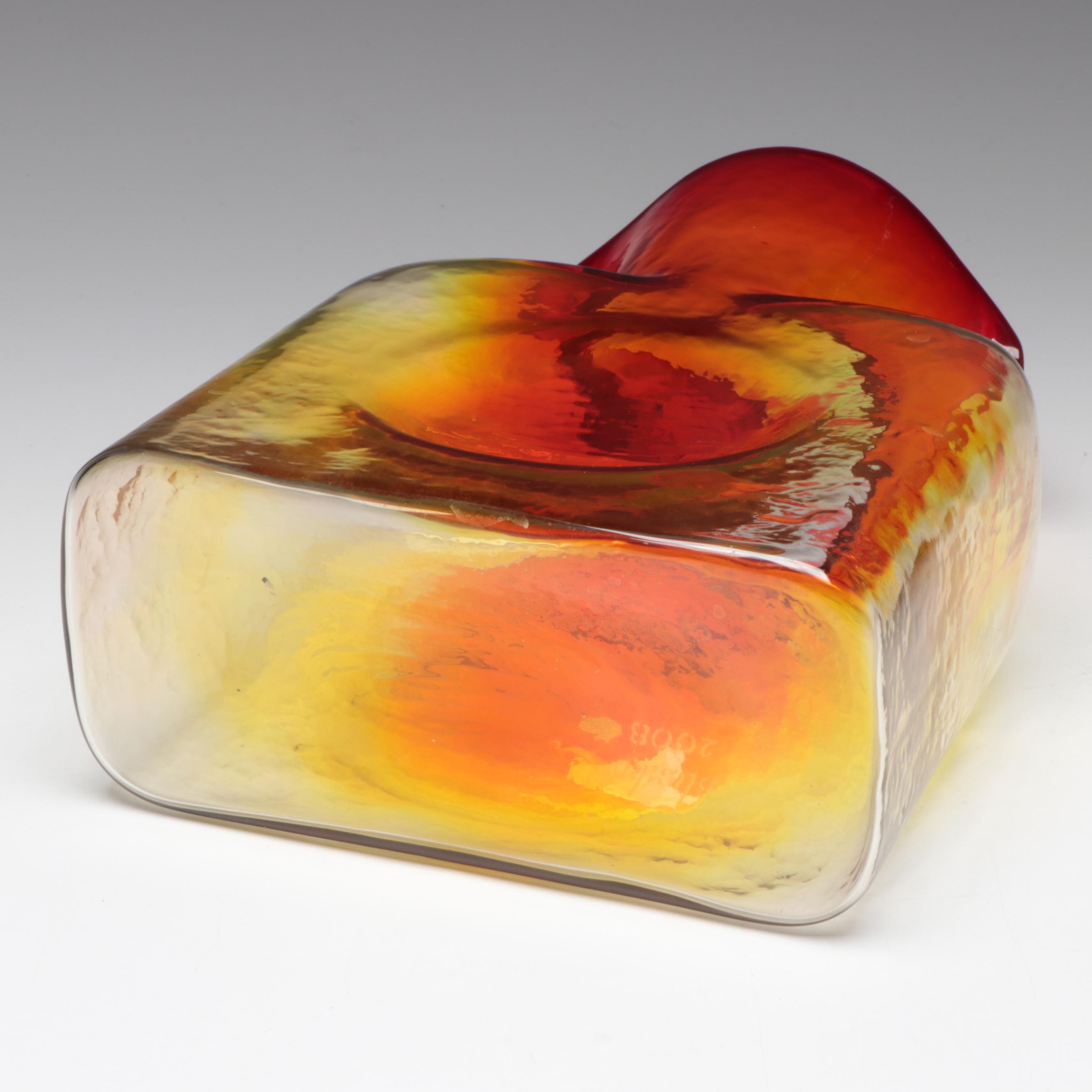 Blenko Tangerine and Honey Double Spout Glass Water Bottles, 20th Century