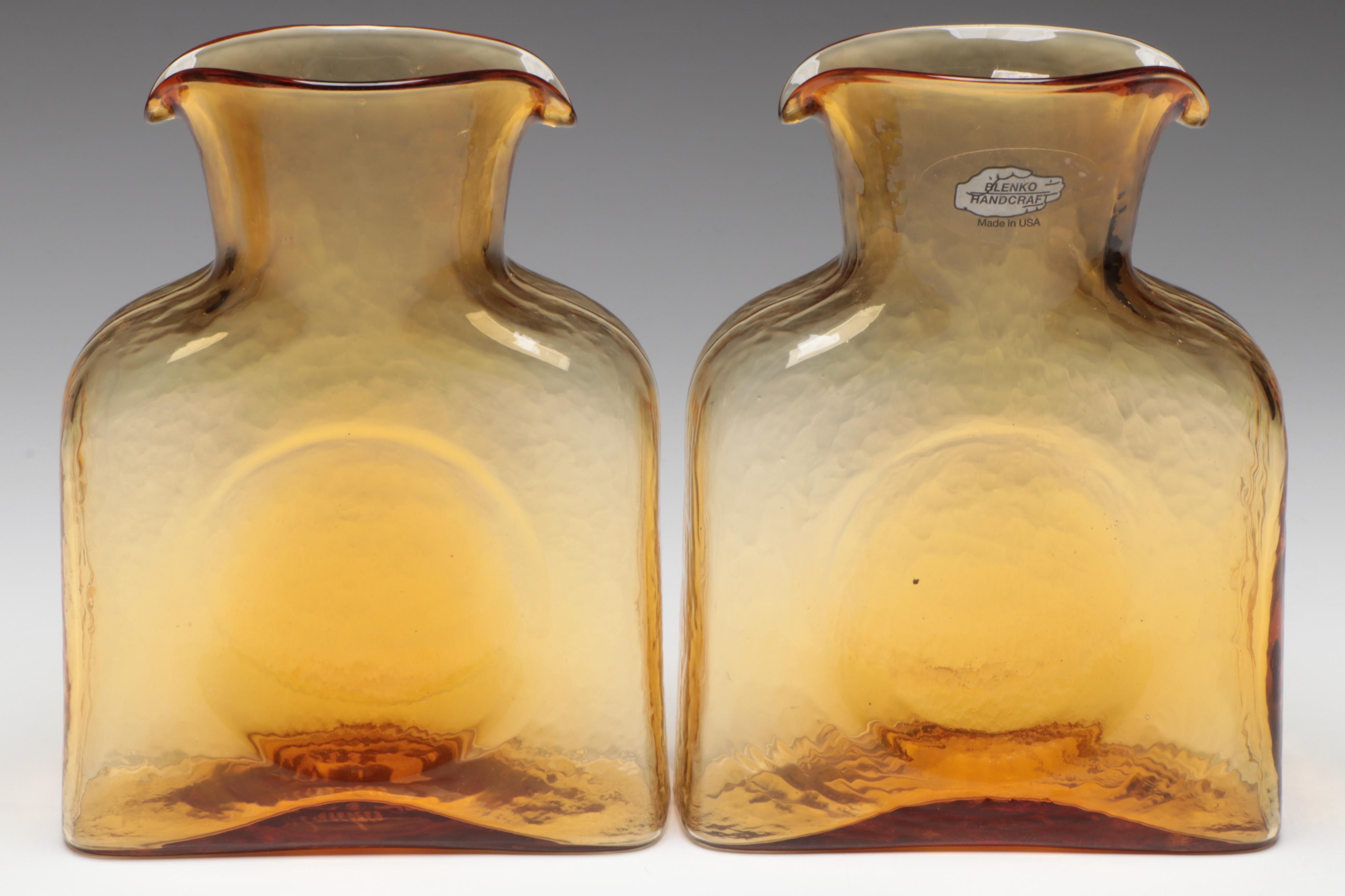 Blenko Tangerine and Honey Double Spout Glass Water Bottles, 20th Century