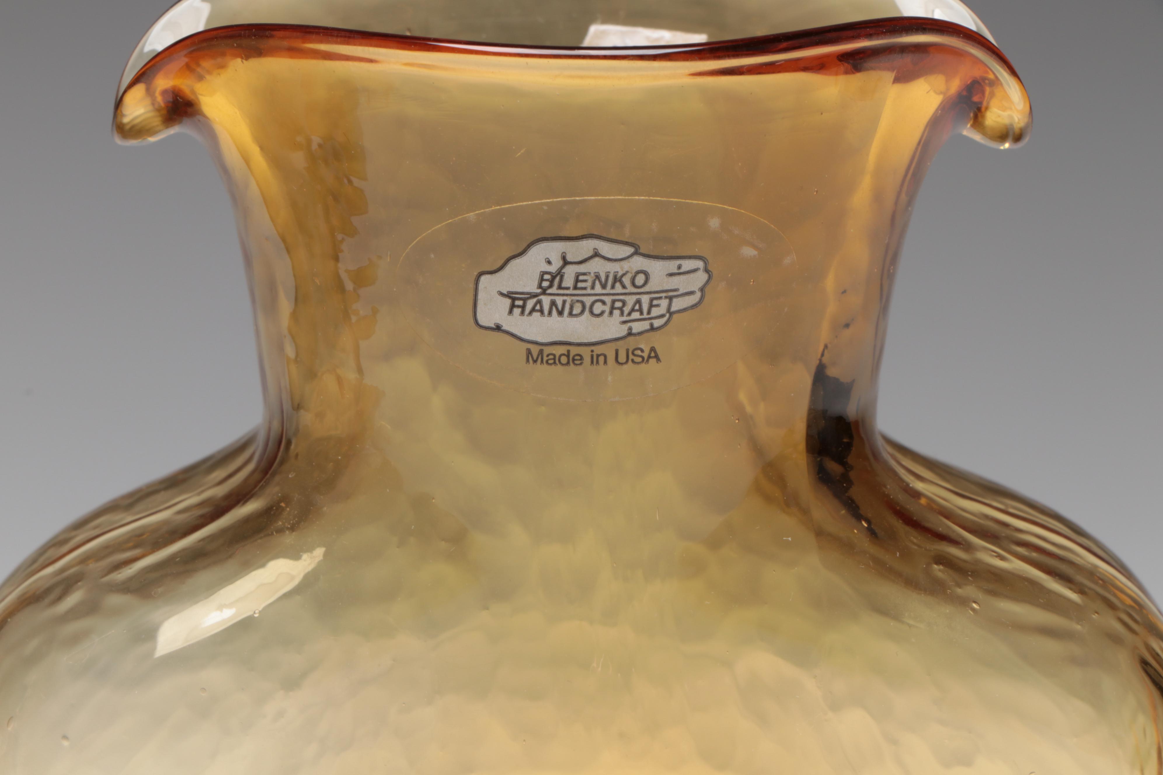 Blenko Tangerine and Honey Double Spout Glass Water Bottles, 20th Century