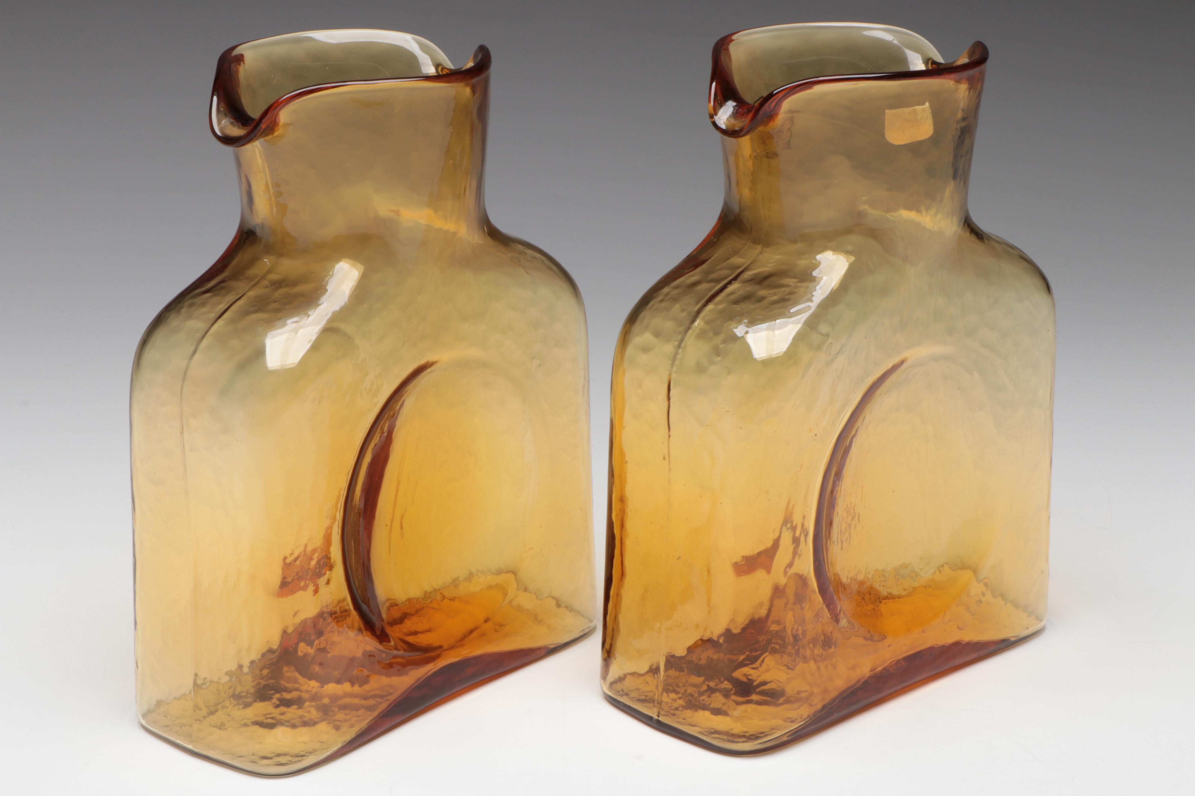 Blenko Tangerine and Honey Double Spout Glass Water Bottles, 20th Century