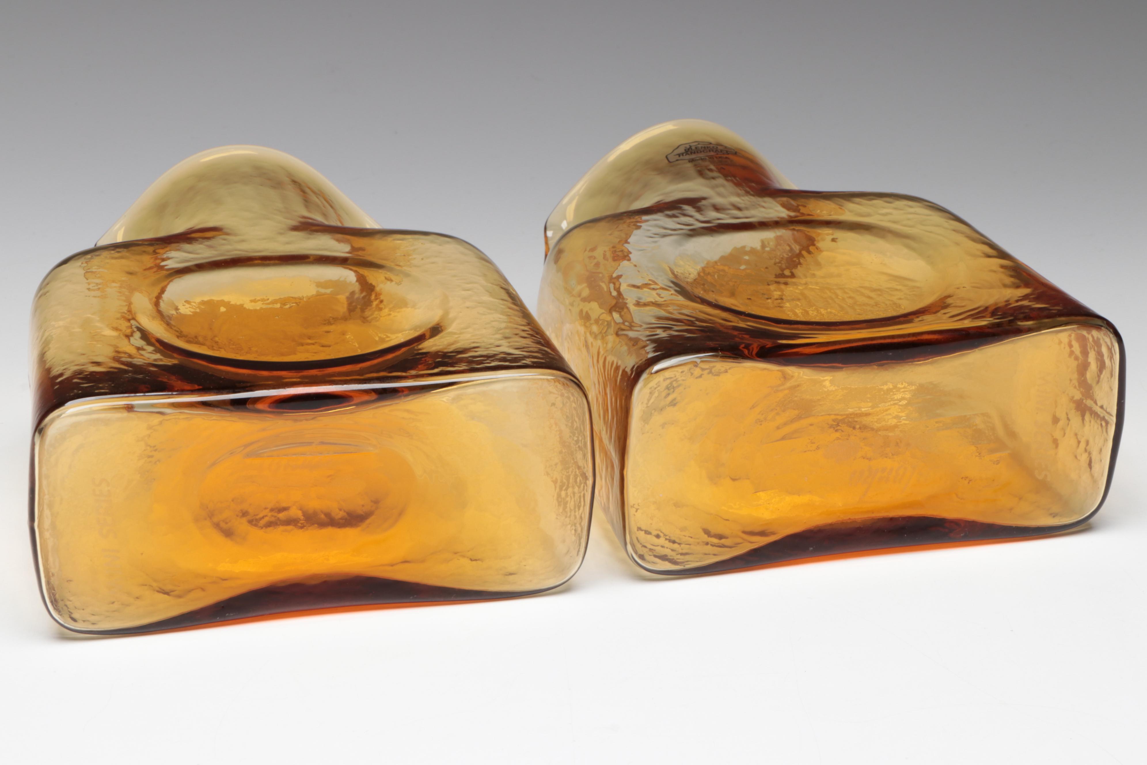 Blenko Tangerine and Honey Double Spout Glass Water Bottles, 20th Century