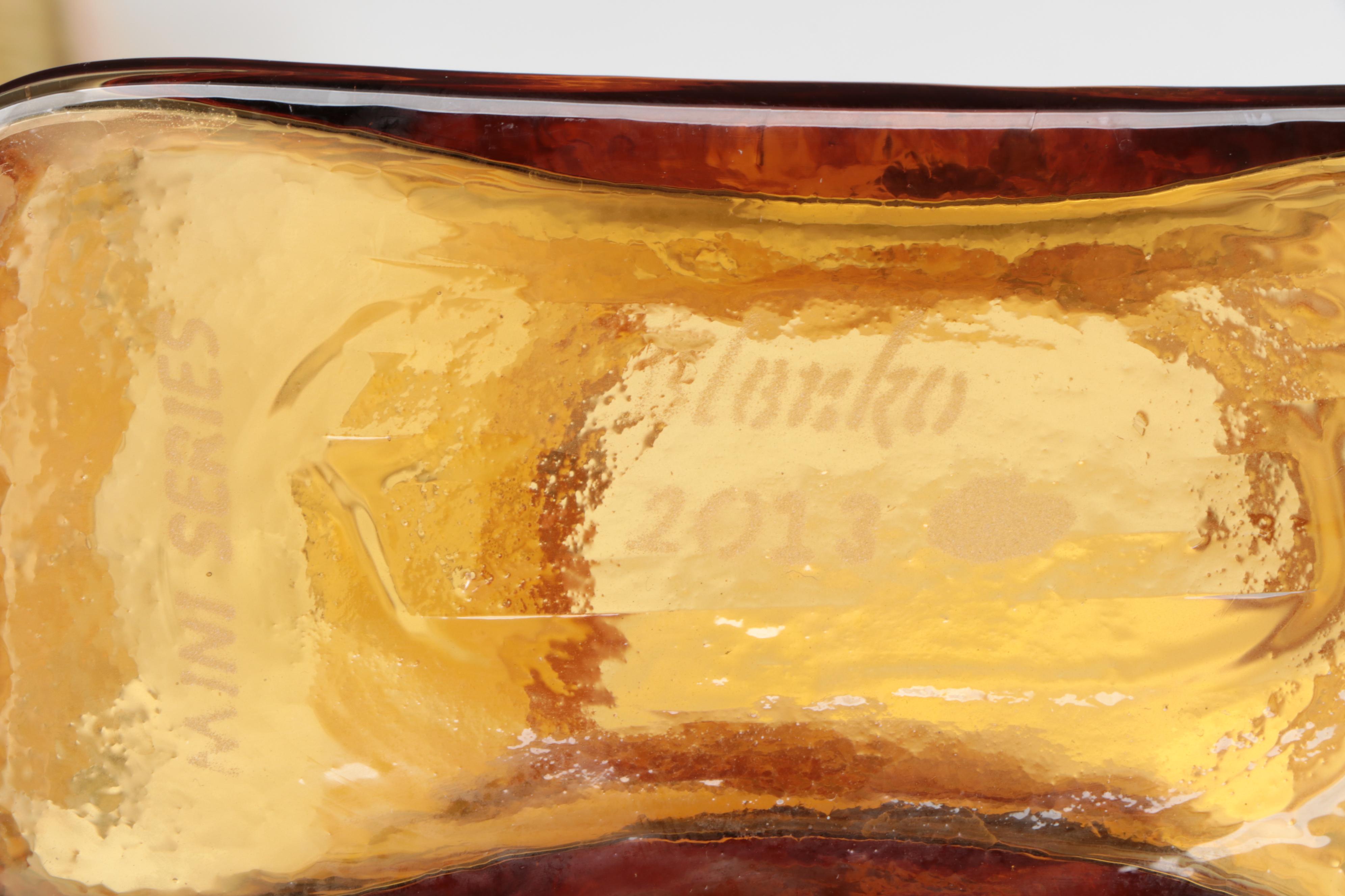 Blenko Tangerine and Honey Double Spout Glass Water Bottles, 20th Century