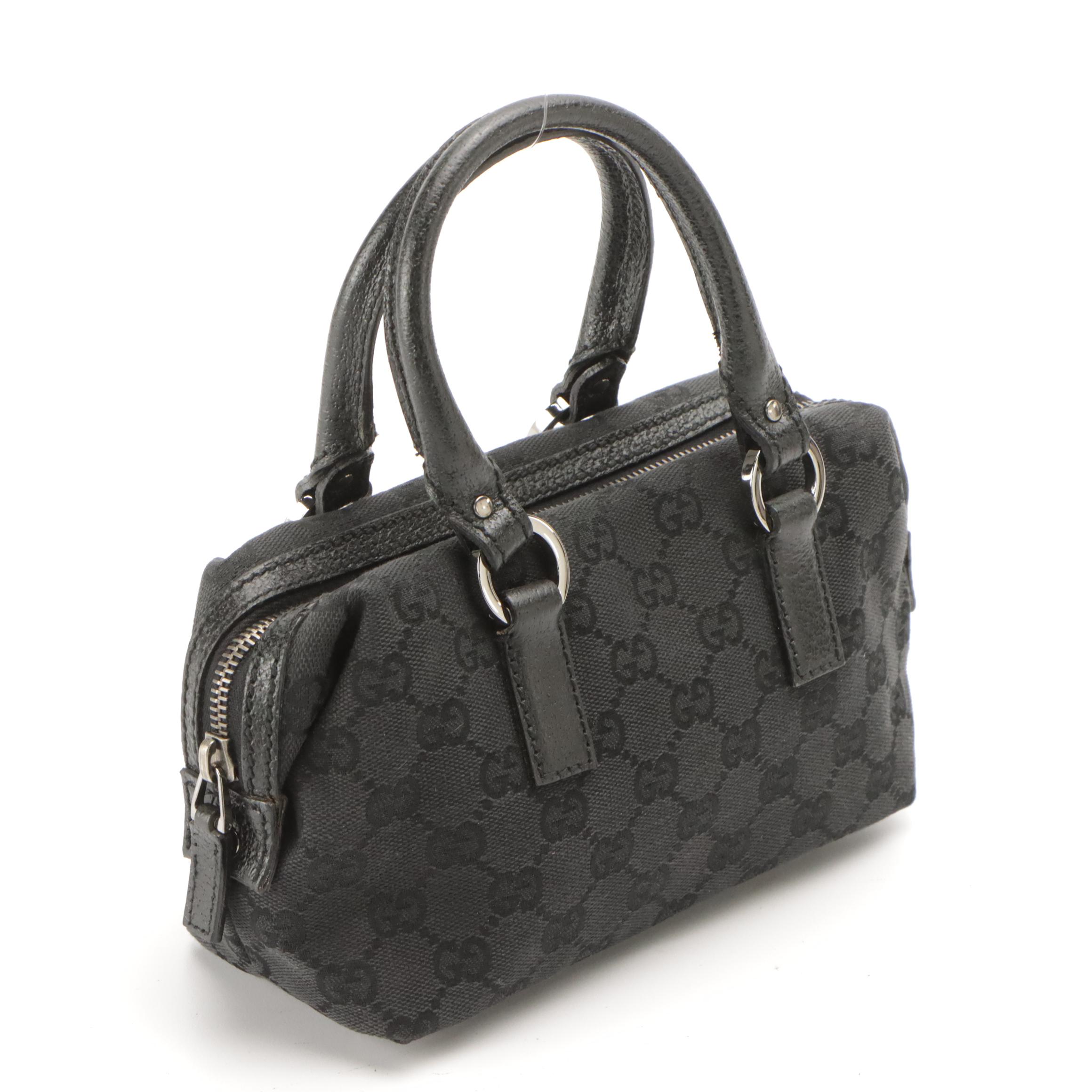 Gucci Mini Boston Bag in Black GG Canvas and Leather Trim