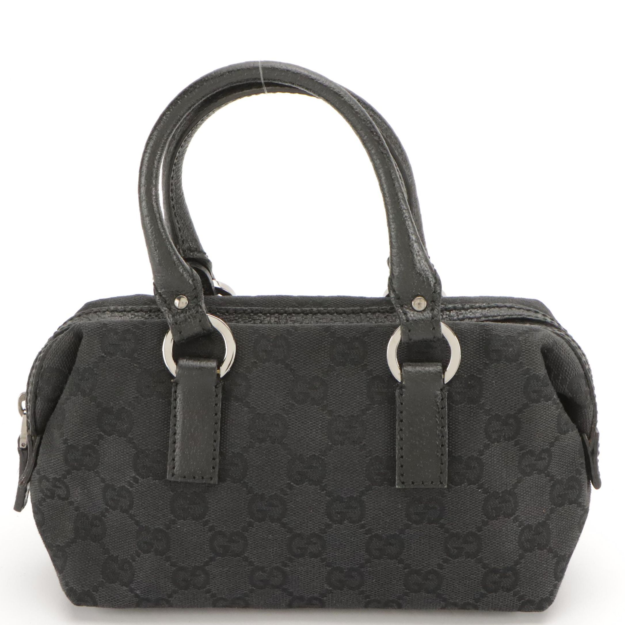 Gucci Mini Boston Bag in Black GG Canvas and Leather Trim