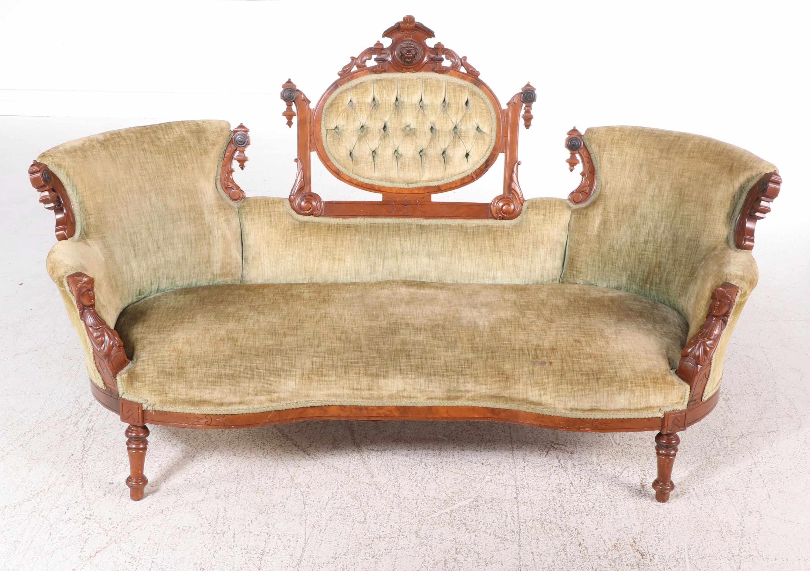 Renaissance Revival Carved and Burl Walnut Sofa, Manner of John Jeliff, c. 1870