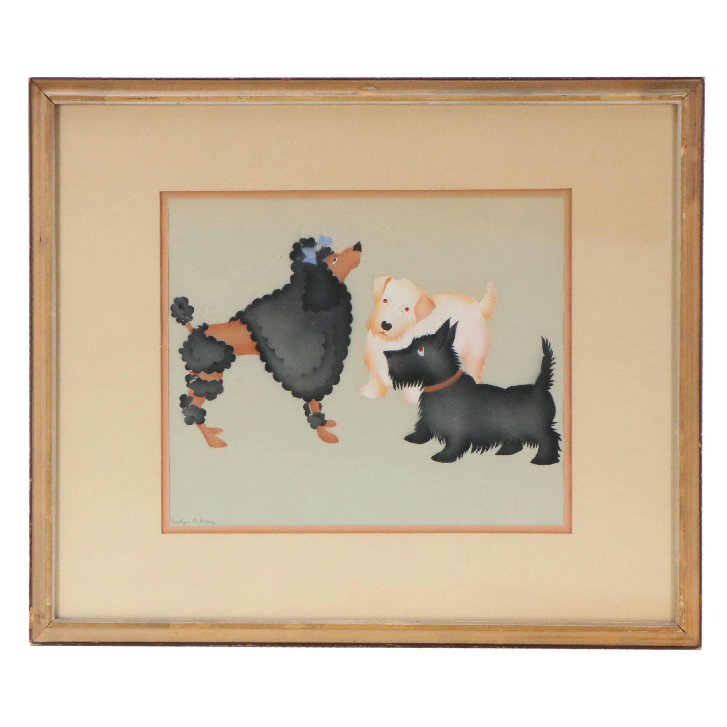 Evelyn Marx Watercolor Stencil Painting "Three Dogs"