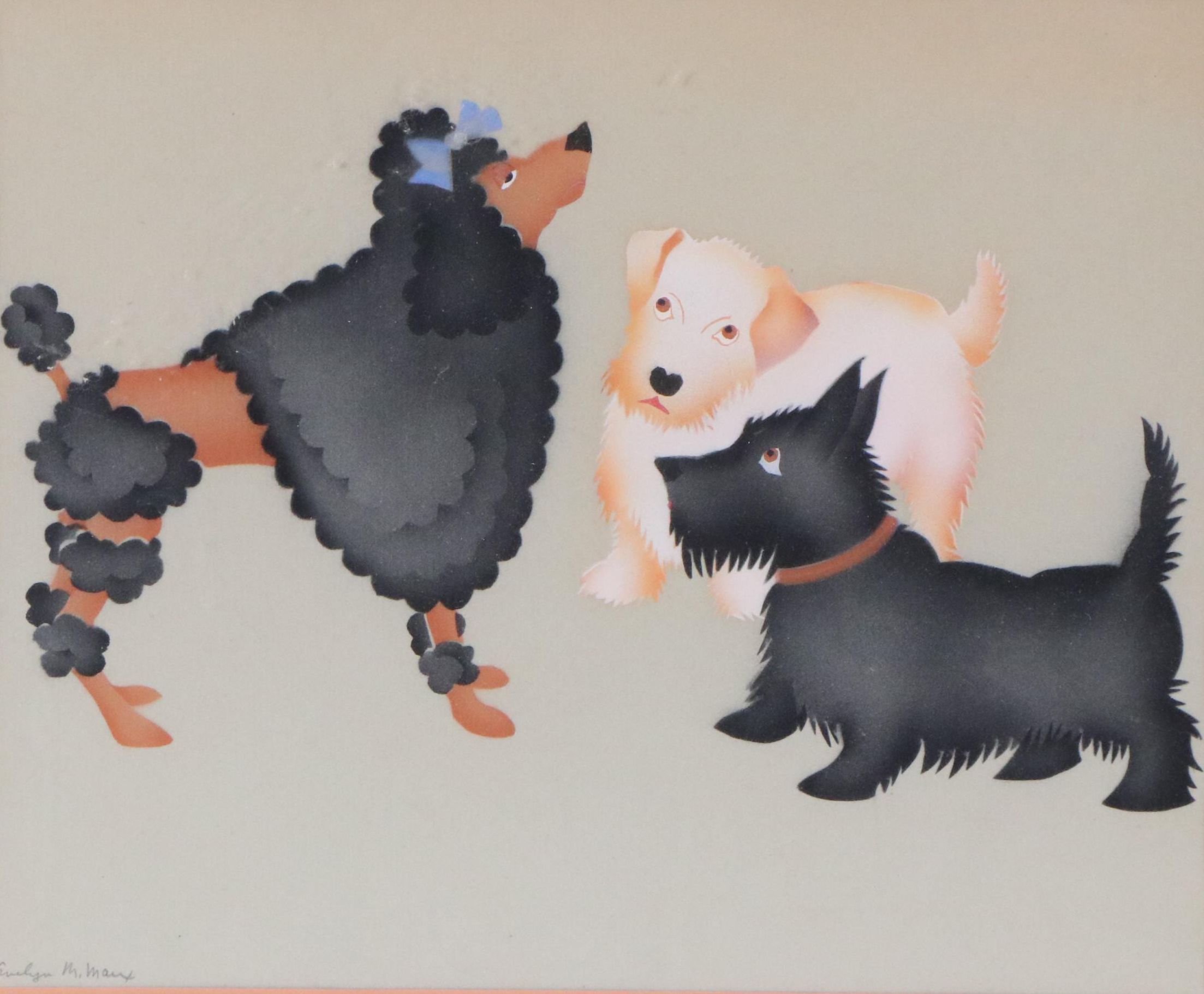 Evelyn Marx Watercolor Stencil Painting "Three Dogs"