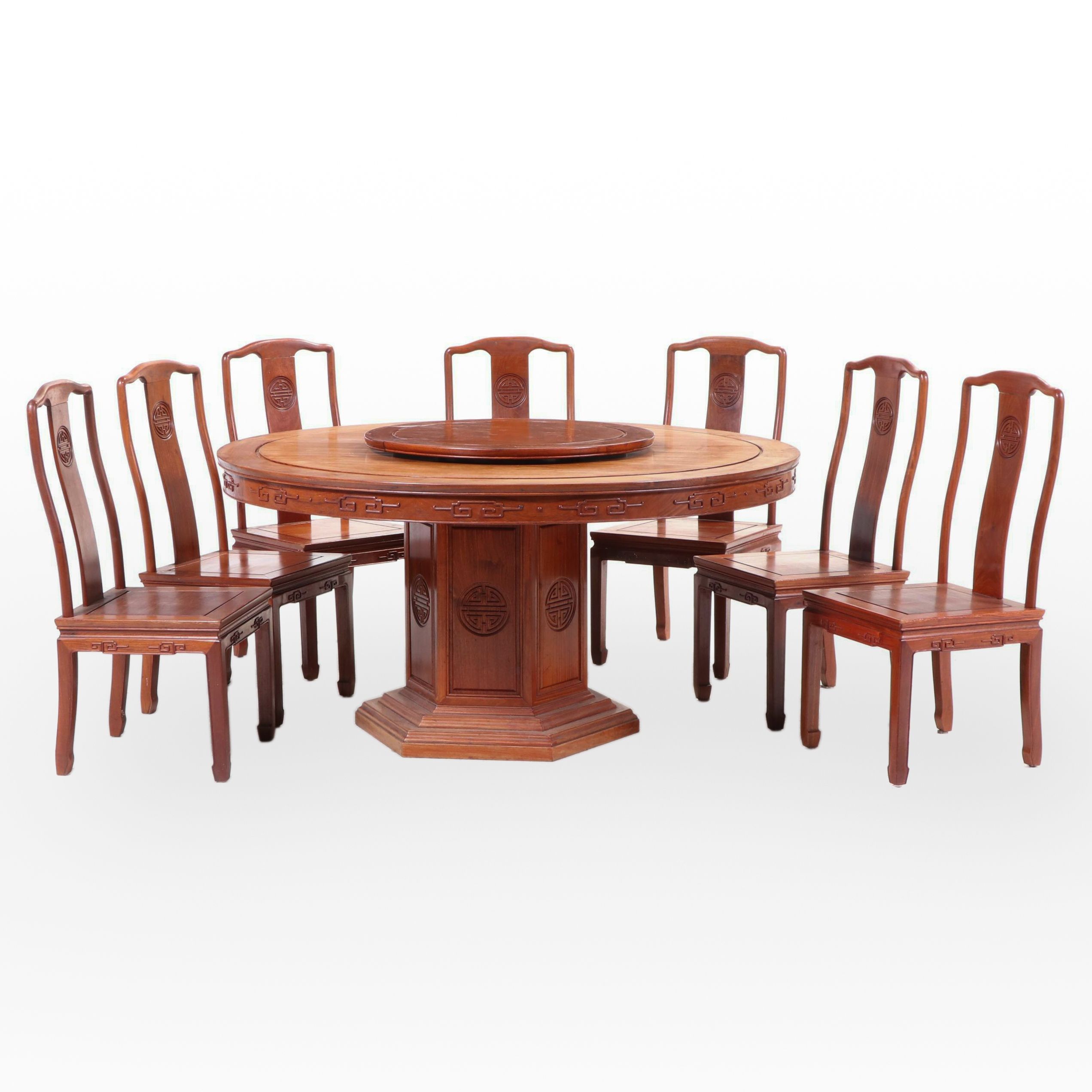 Eight Piece Chinese Rosewood Dining Set with Lazy Susan