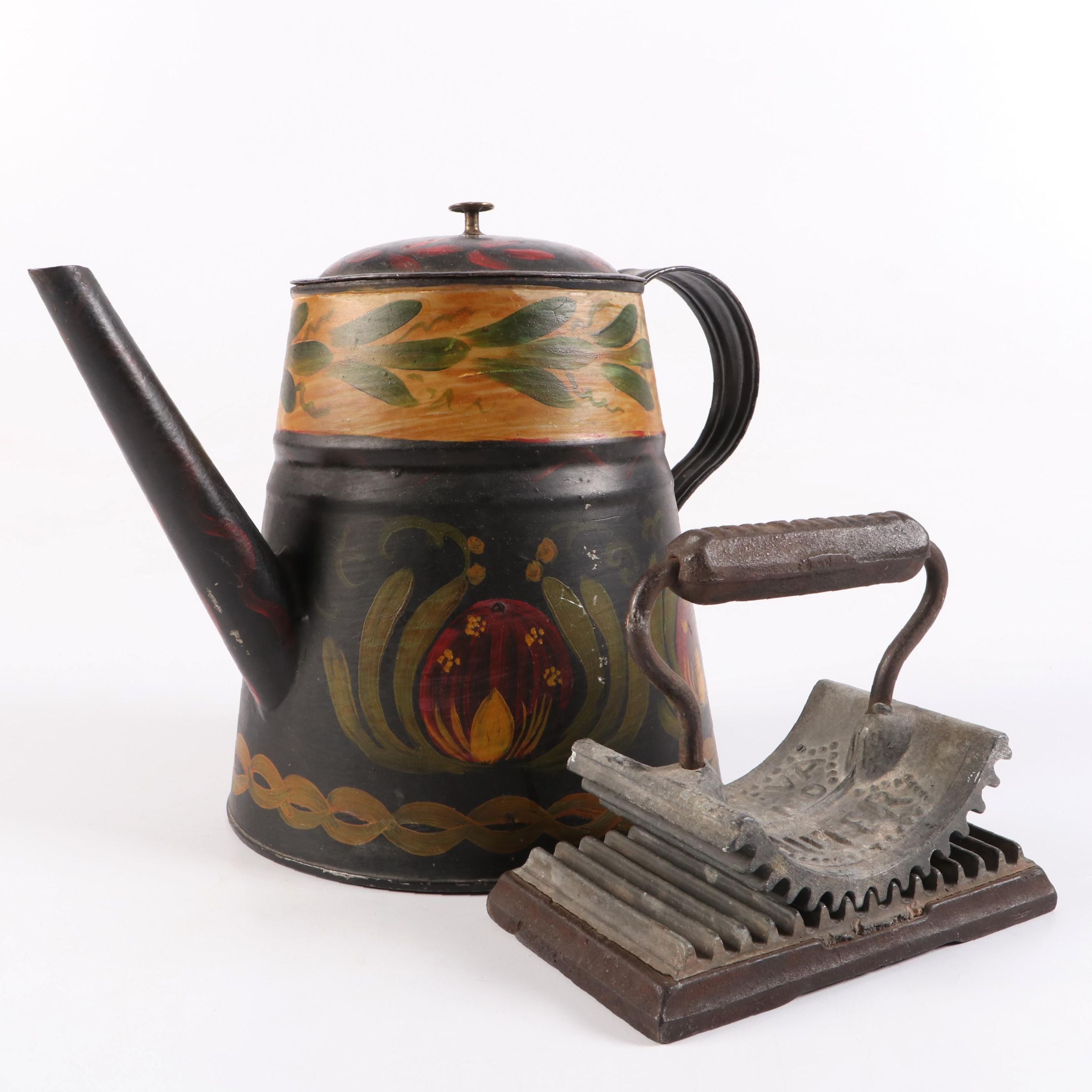 Geneva Hand Fluter Cast Iron Sad Iron with Primitive Style Toleware Coffee Pot
