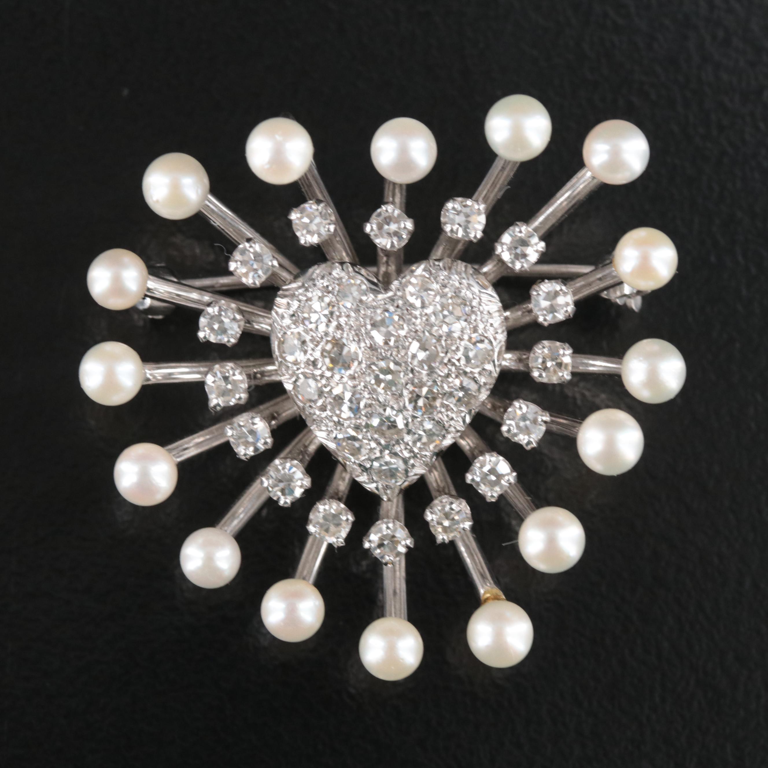 14K 1.13 CTW Diamond and Pearl Heart Converter Brooch/Pendant