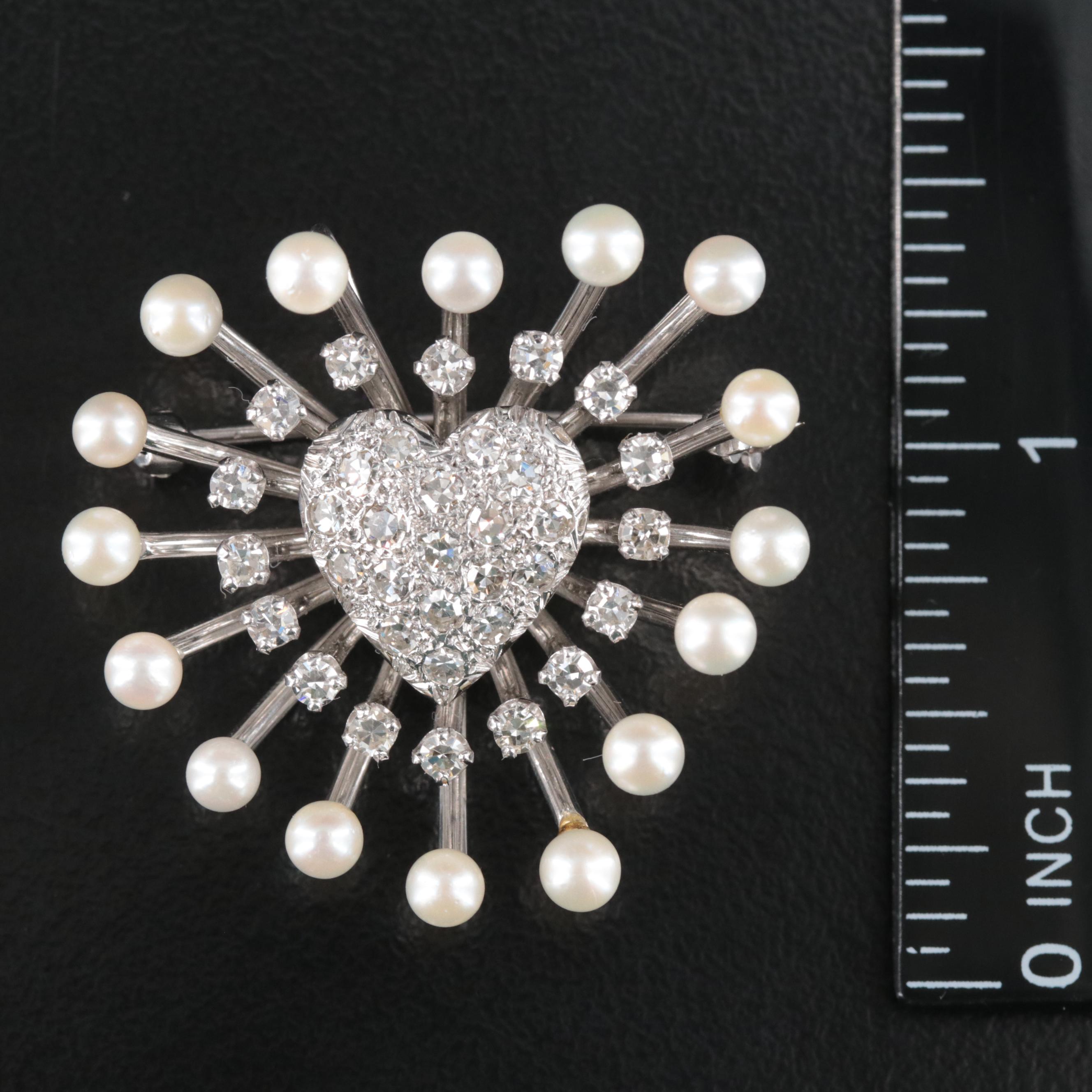 14K 1.13 CTW Diamond and Pearl Heart Converter Brooch/Pendant
