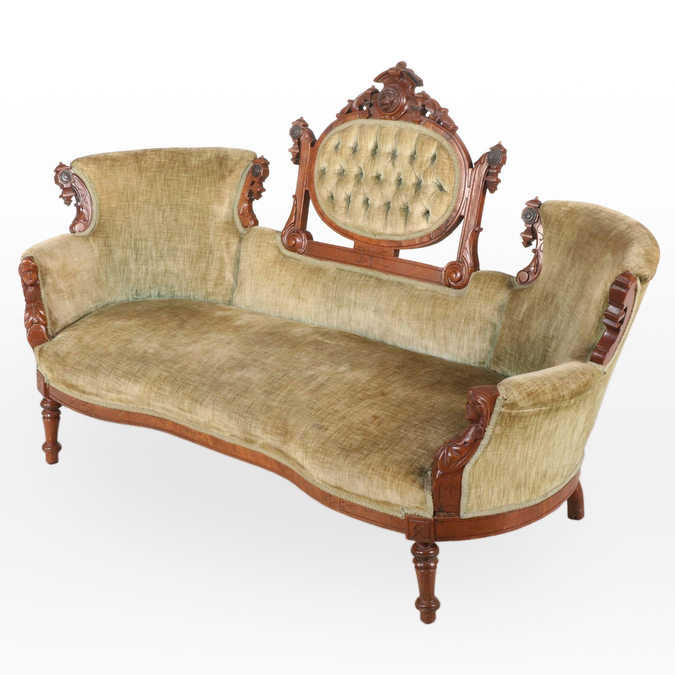 Renaissance Revival Carved and Burl Walnut Sofa, Manner of John Jeliff, c. 1870