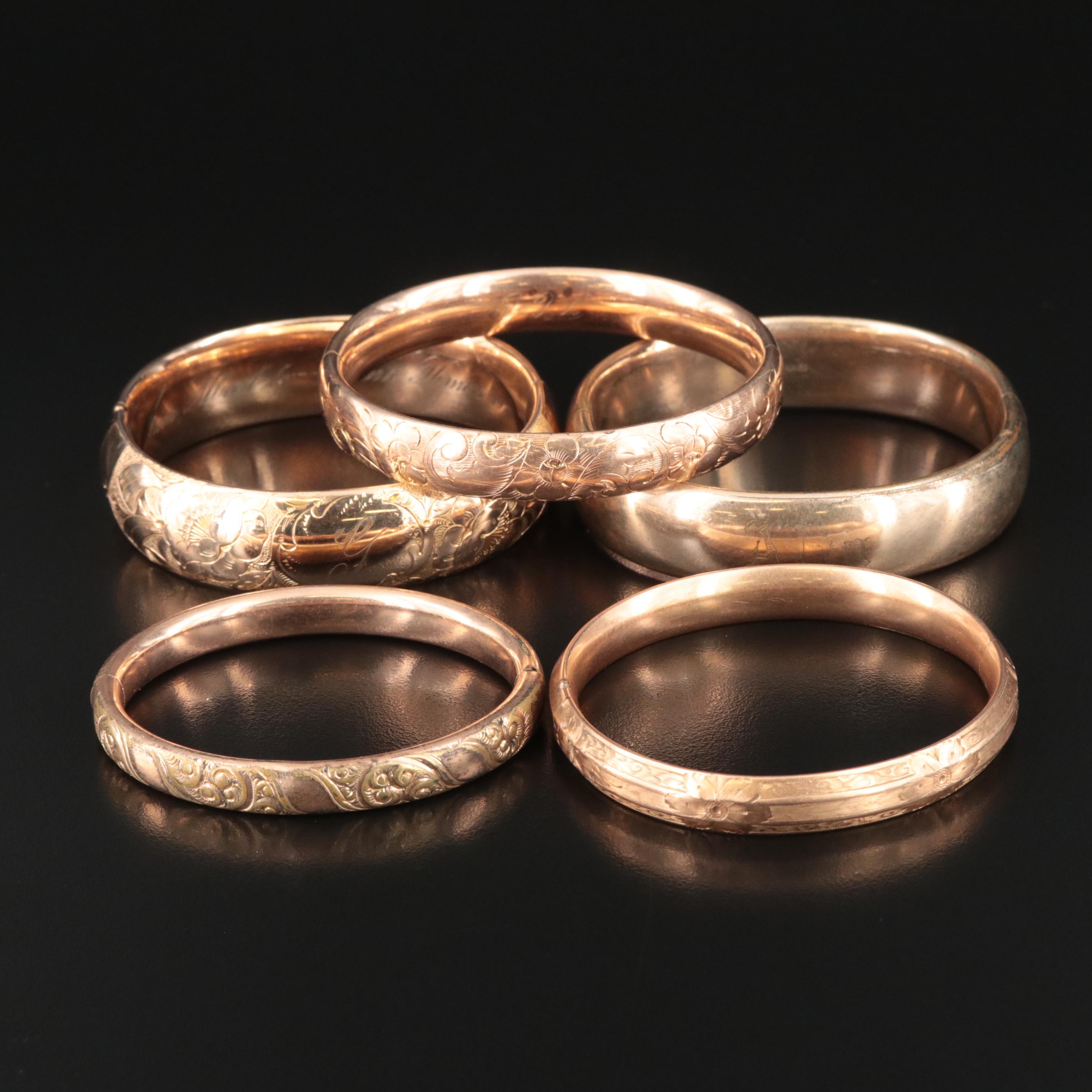 Vintage and Antique Engraved Bangles Including Gold-Filled and Art Nouveau