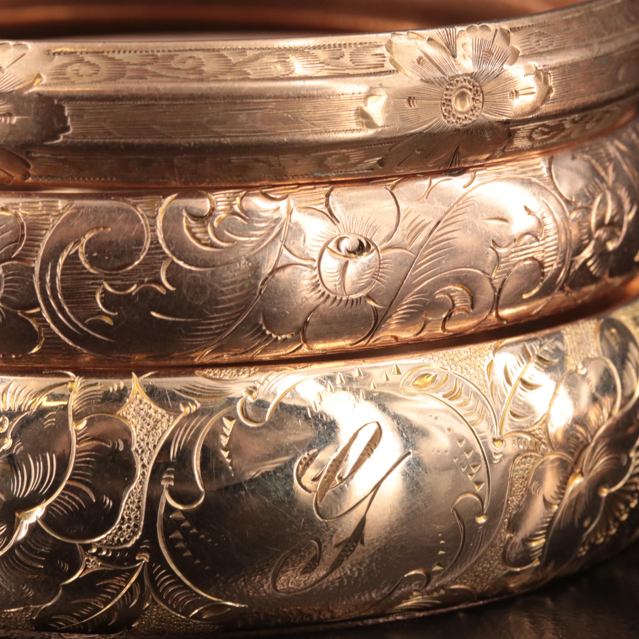 Vintage and Antique Engraved Bangles Including Gold-Filled and Art Nouveau