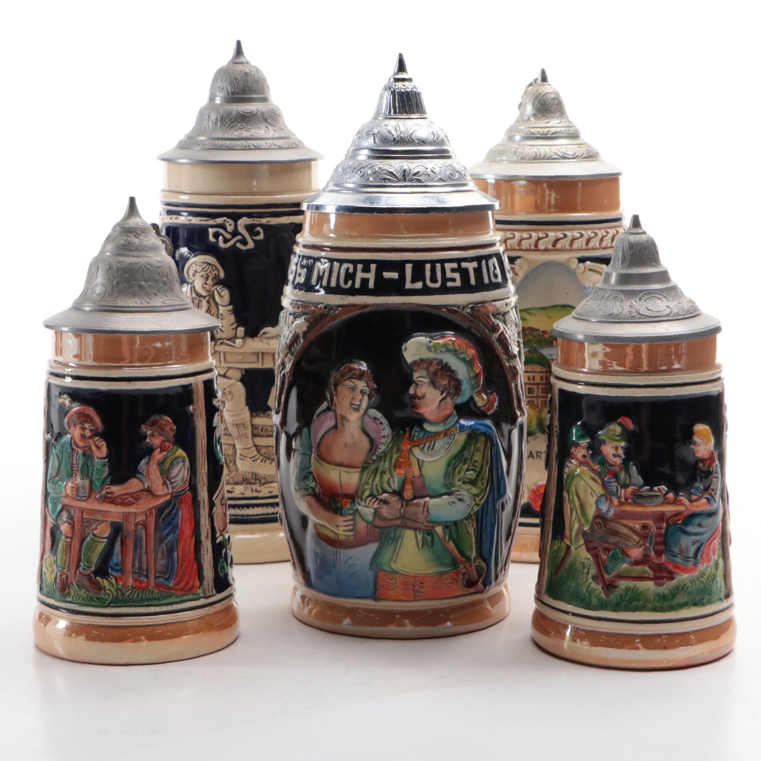 German Hand-Painted Earthenware and Pewter Lidded Steins