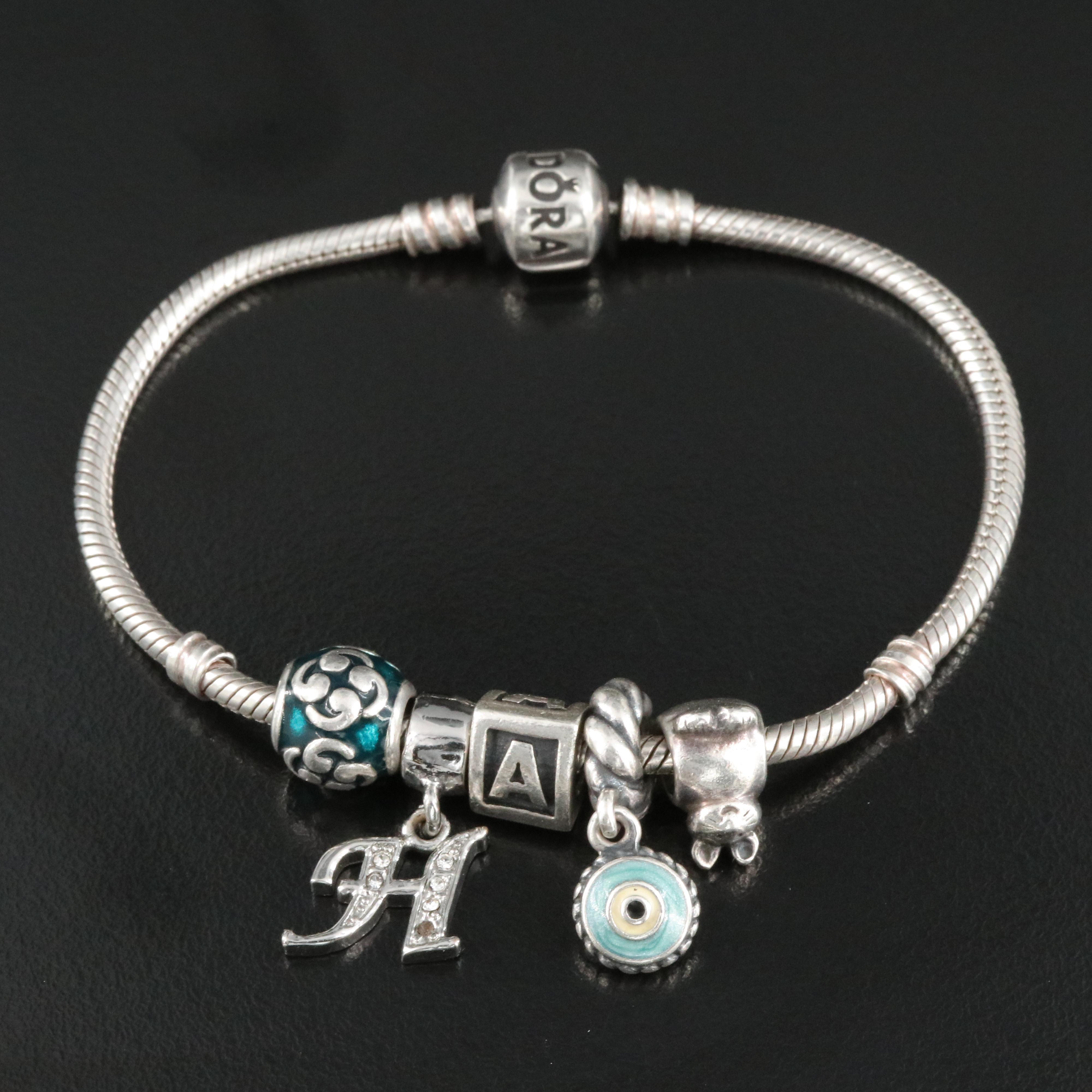 Pandora Sterling Bracelet with Charms, Enamel and CZ