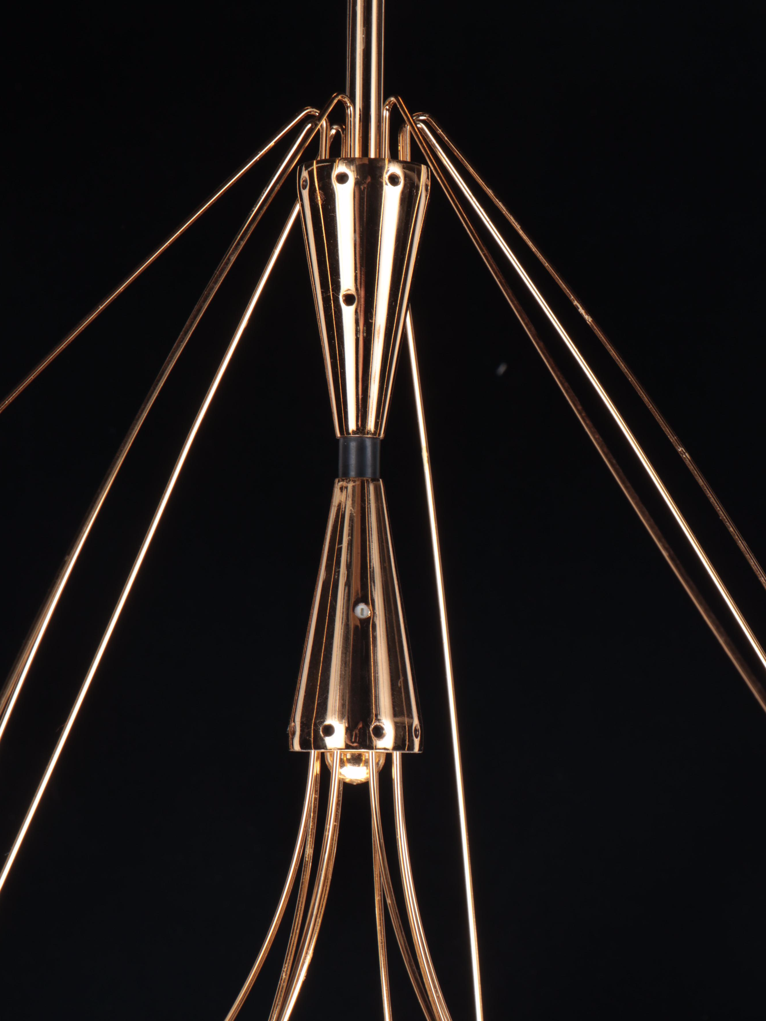Post Modern Solzi Luce Style Gilt Metal, Wire and Glass Pendant Light