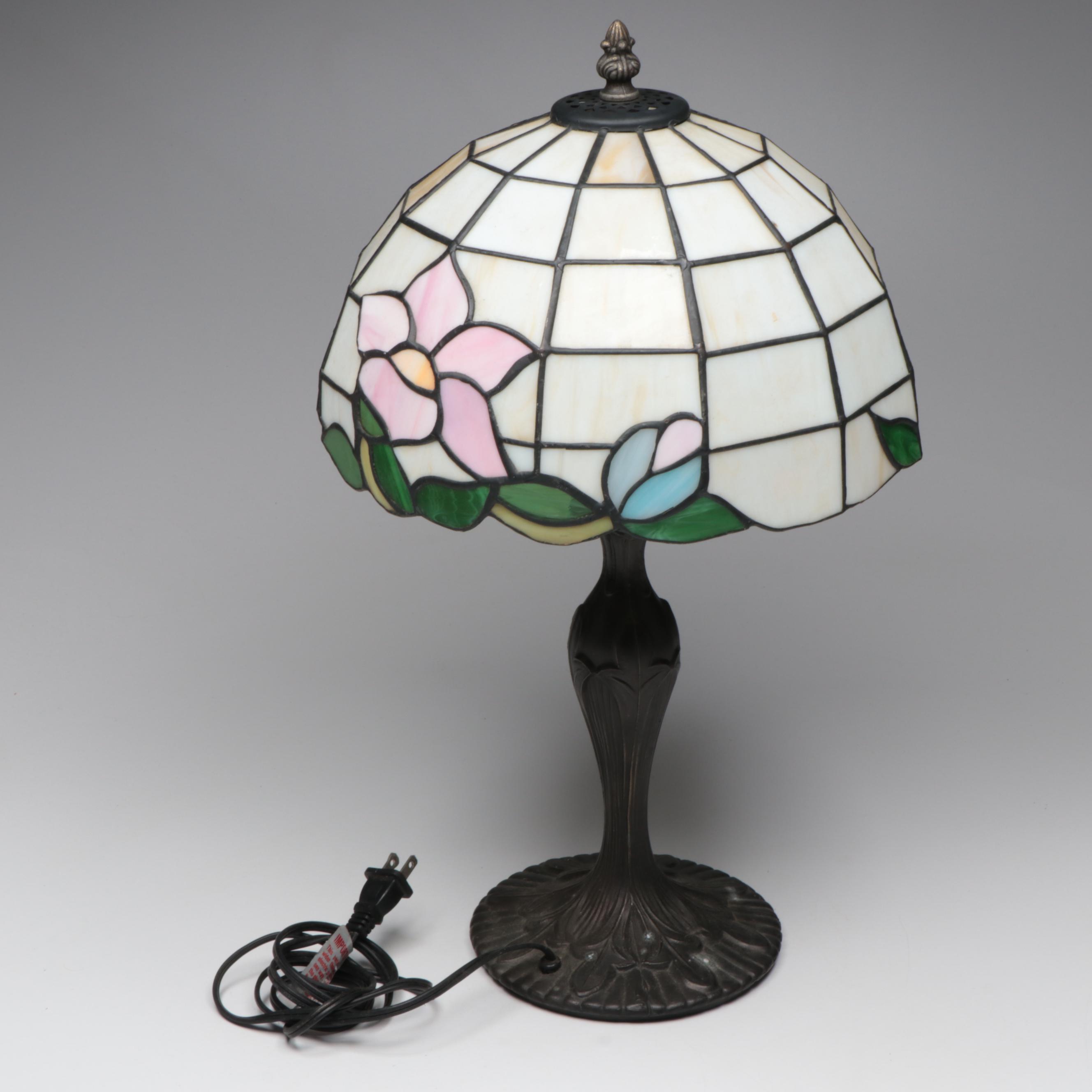 Art Nouveau Style Water Lily Slag Glass Table Lamp with Cast Metal, 21st Century