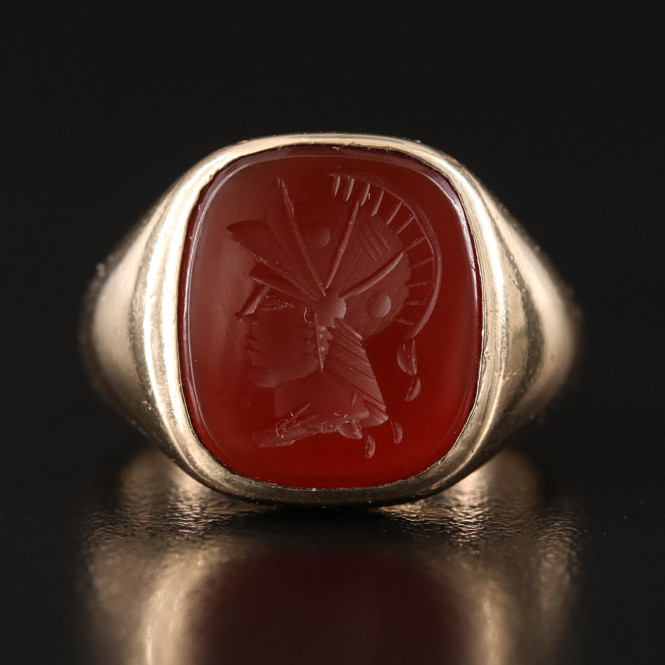 Vintage 10K Sard Intaglio Roman Soldier Ring