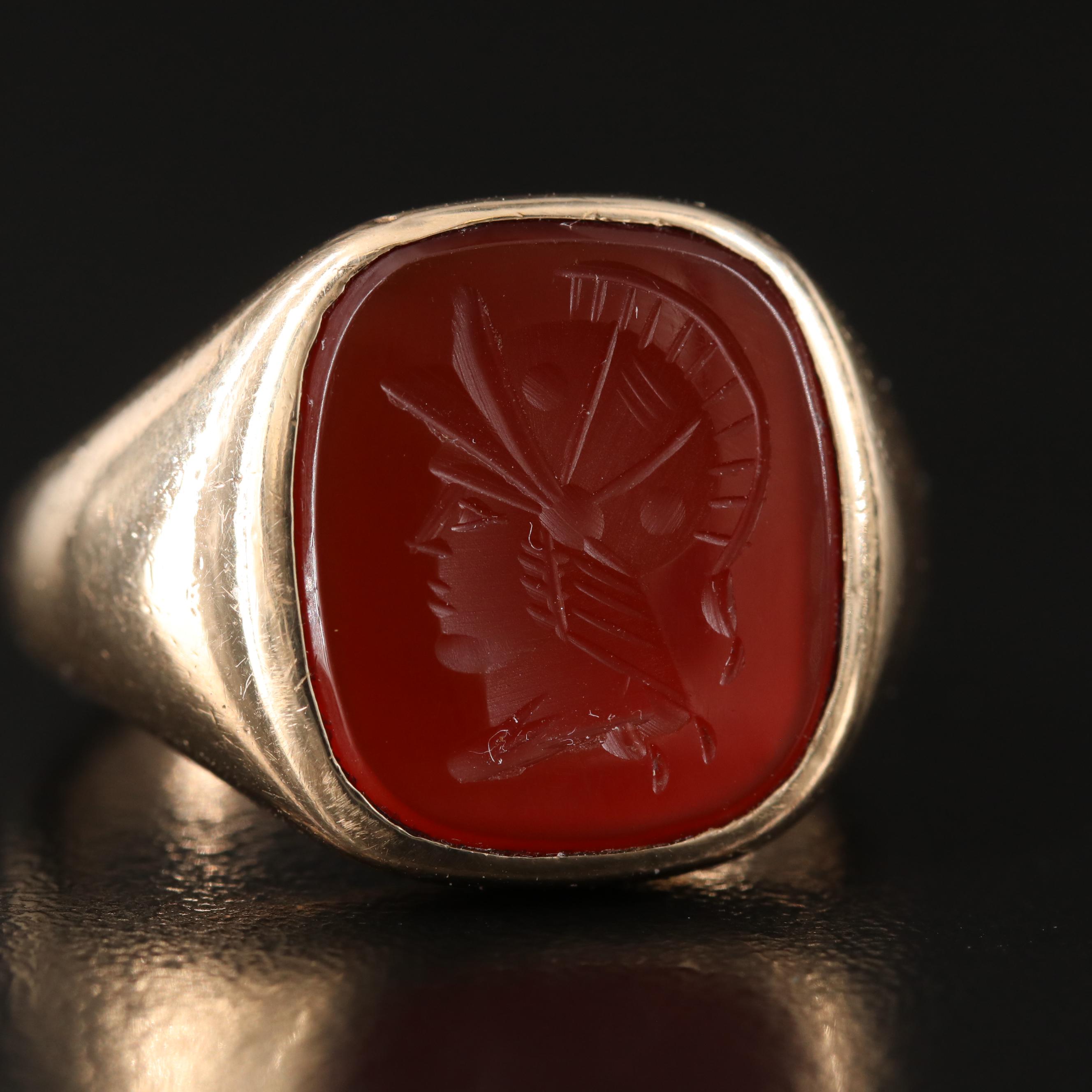 Vintage 10K Sard Intaglio Roman Soldier Ring