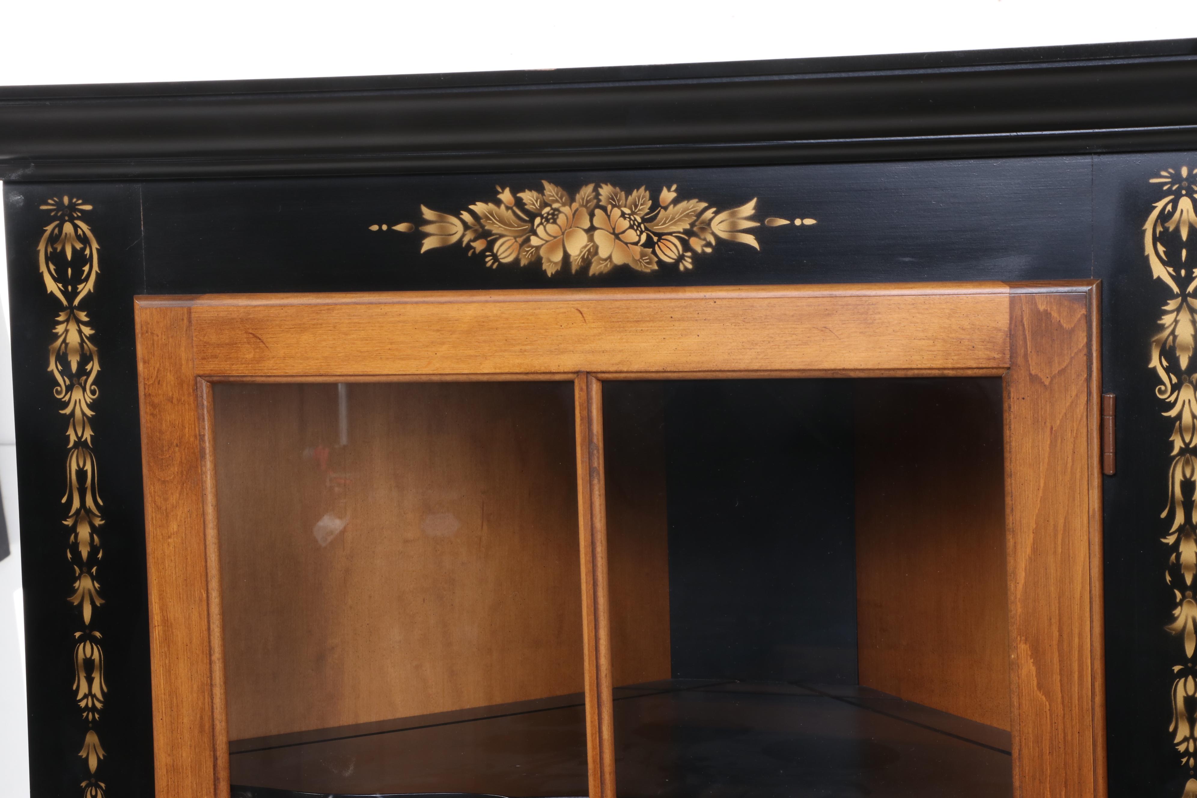 L. Hitchcock Federal Style Ebonized, Gilt-Stenciled, and Maple Corner Cupboard