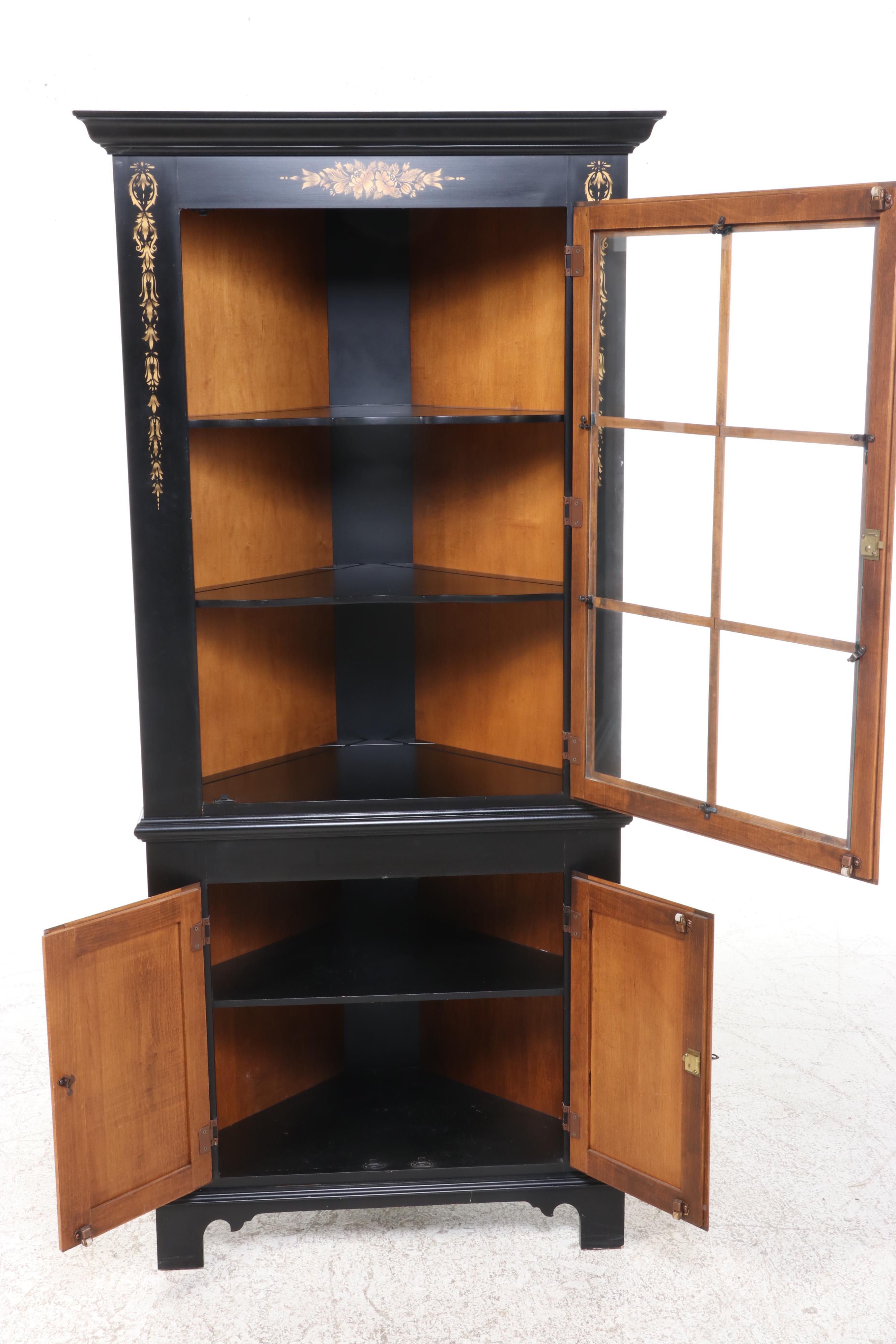 L. Hitchcock Federal Style Ebonized, Gilt-Stenciled, and Maple Corner Cupboard