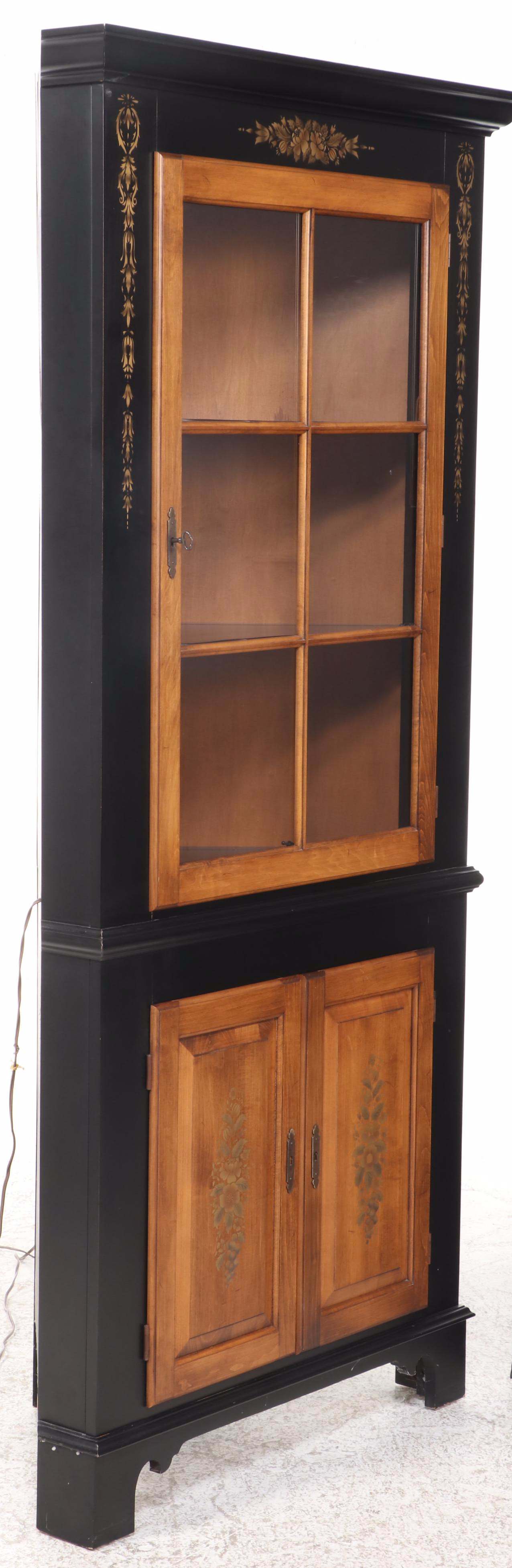 L. Hitchcock Federal Style Ebonized, Gilt-Stenciled, and Maple Corner Cupboard