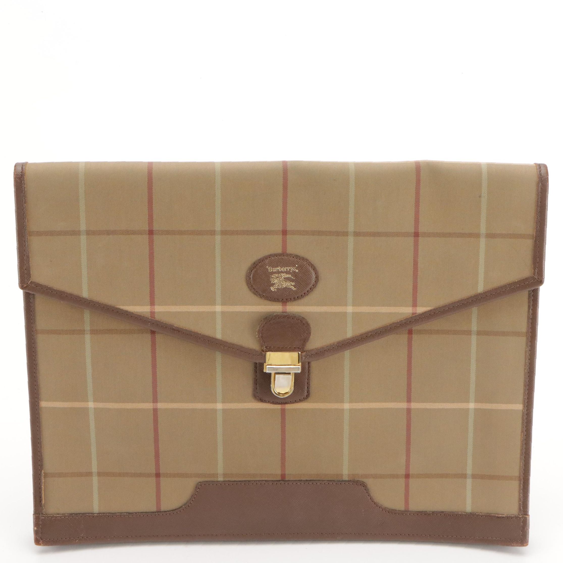 Burberrys Clutch in Windowpane Check Canvas and Leather Trim
