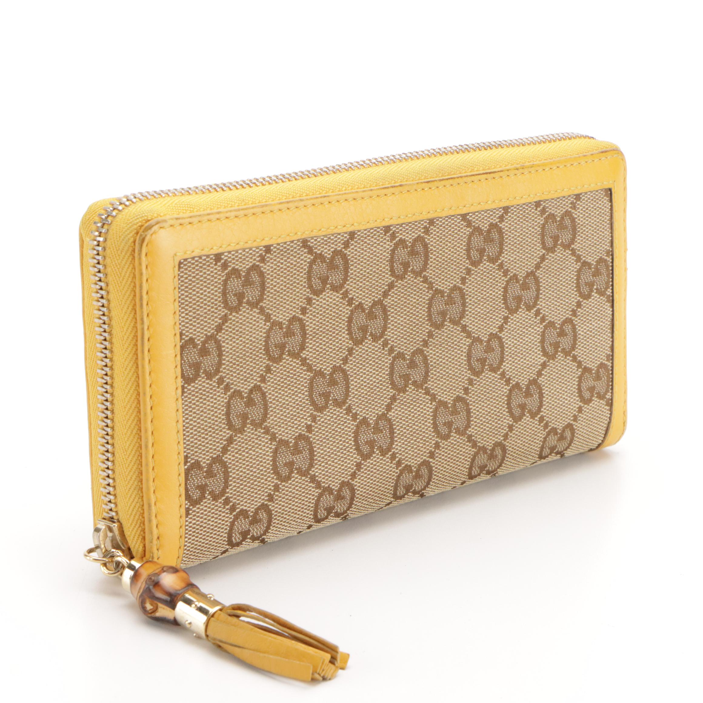 Gucci Bamboo Tassel Zip Around Wallet in GG Canvas with Leather Trim and Box