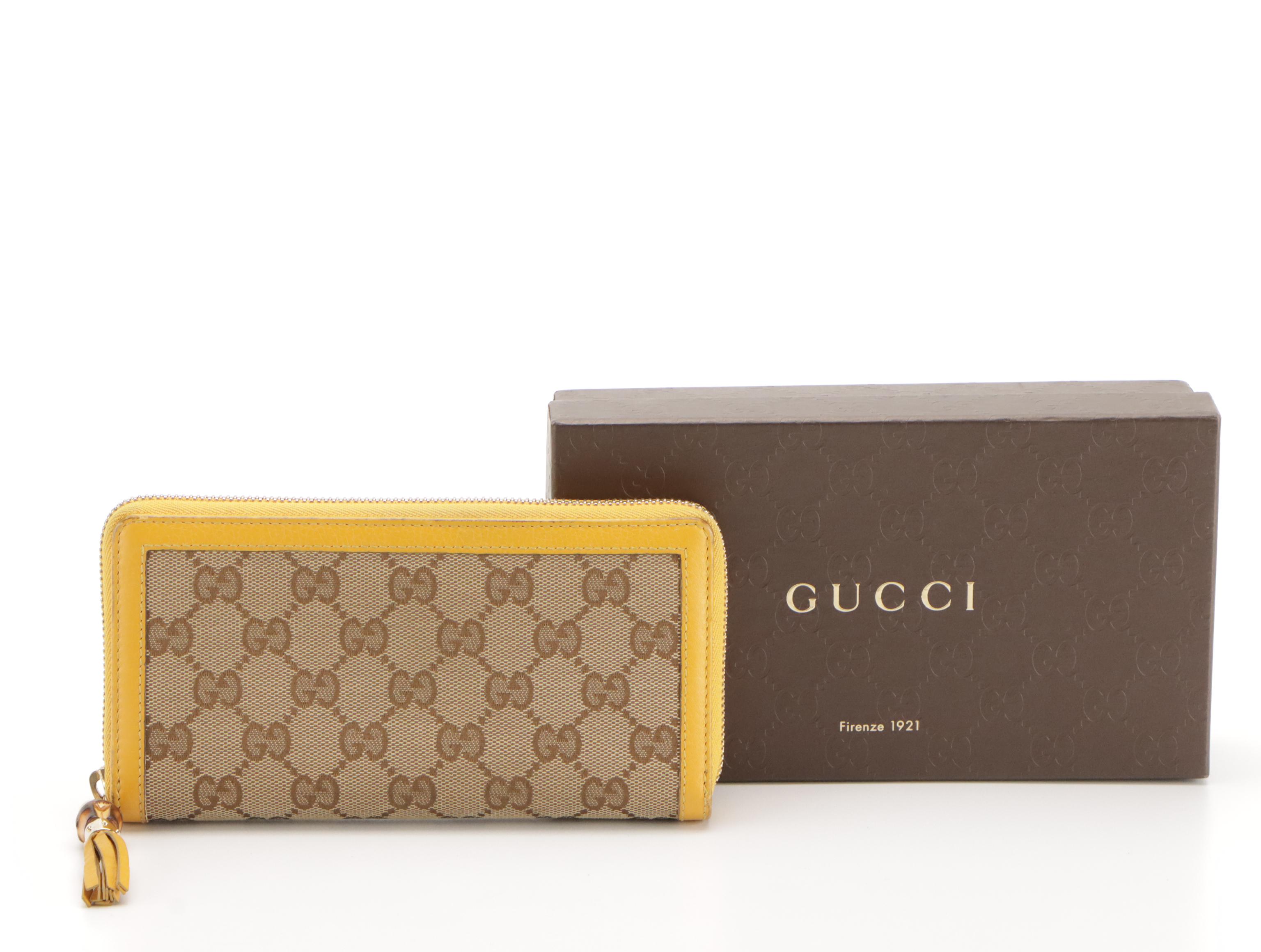 Gucci Bamboo Tassel Zip Around Wallet in GG Canvas with Leather Trim and Box