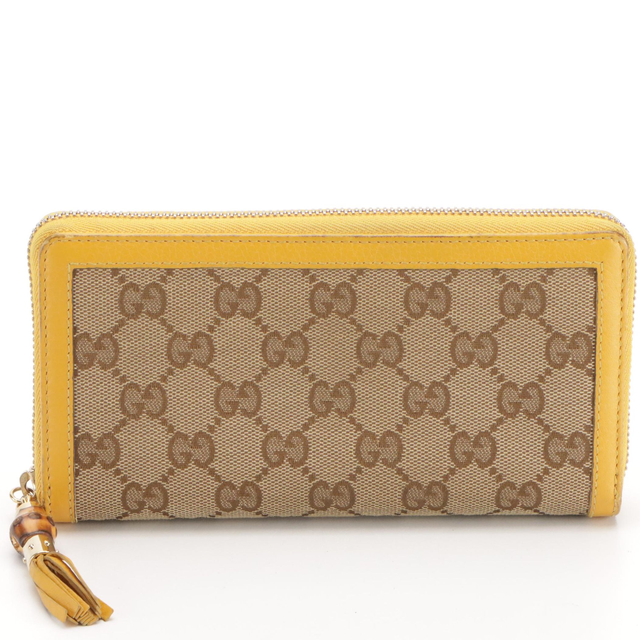 Gucci Bamboo Tassel Zip Around Wallet in GG Canvas with Leather Trim and Box