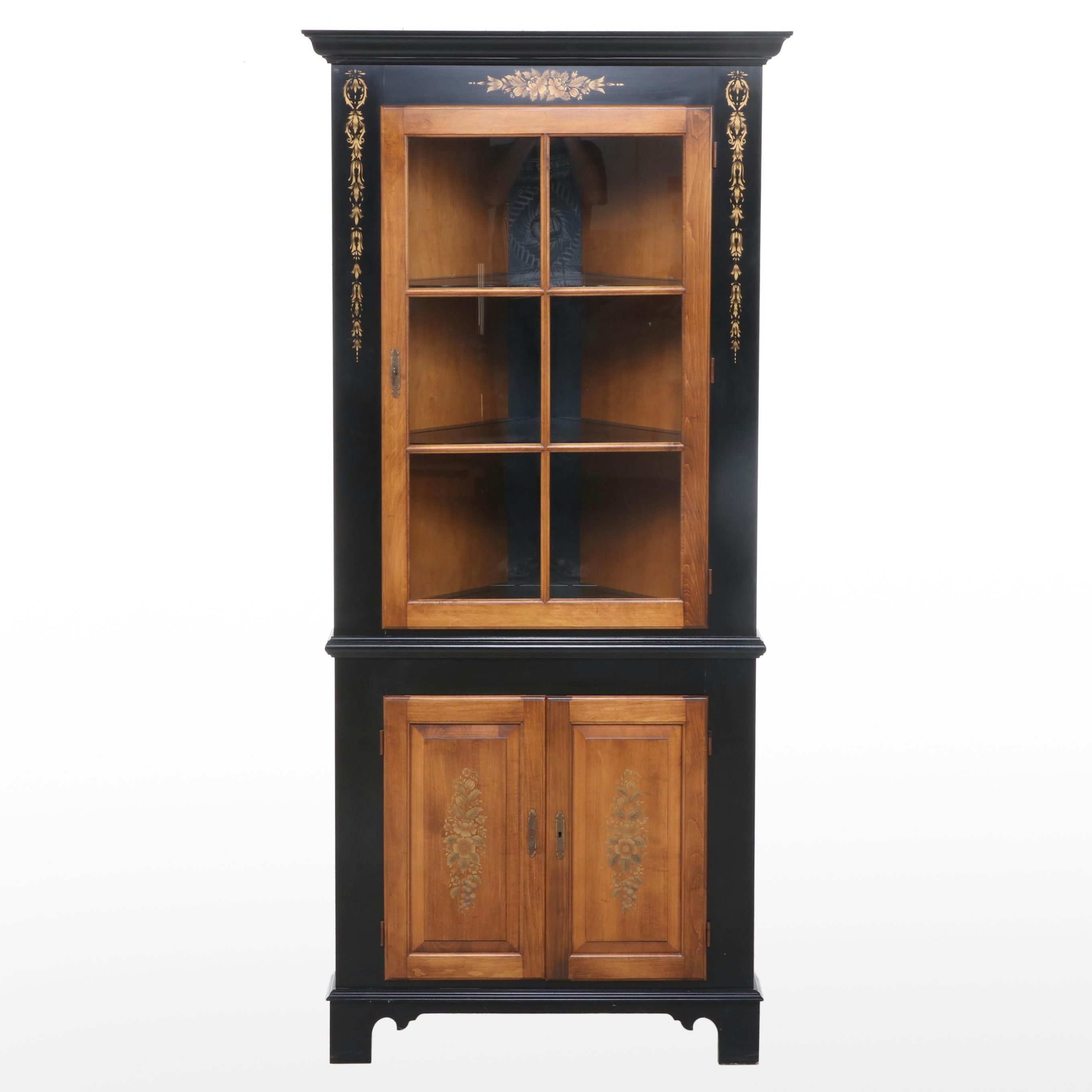 L. Hitchcock Federal Style Ebonized, Gilt-Stenciled, and Maple Corner Cupboard