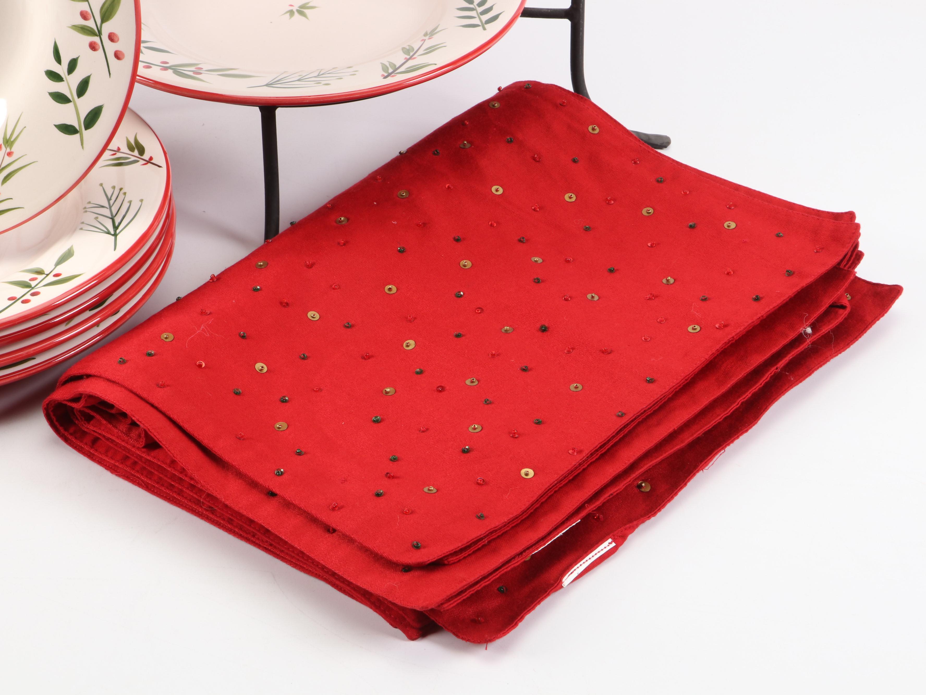 Hand-Painted Christmas Motif Dinner Plates, Three-Tiered Plate Rack and More