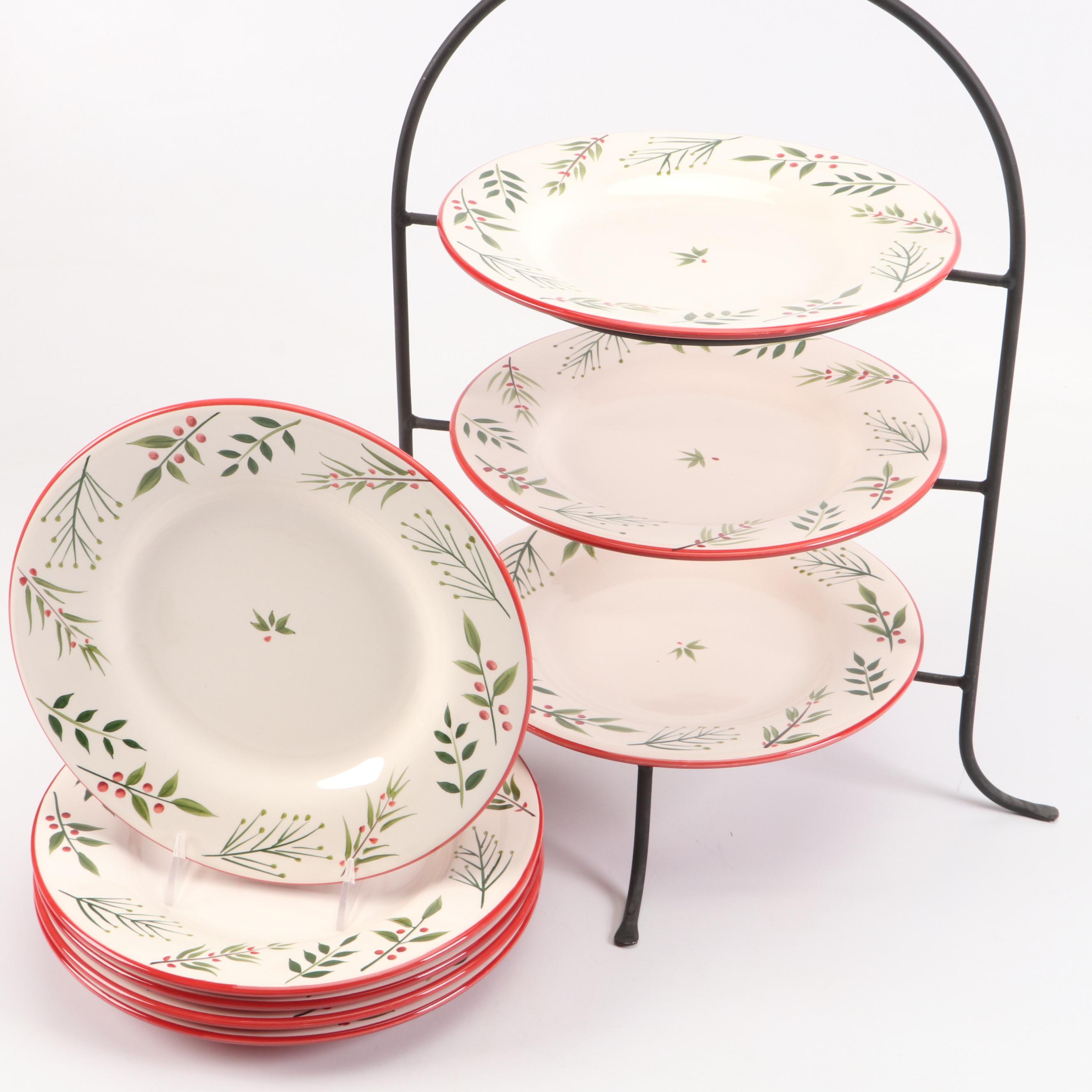Hand-Painted Christmas Motif Dinner Plates, Three-Tiered Plate Rack and More