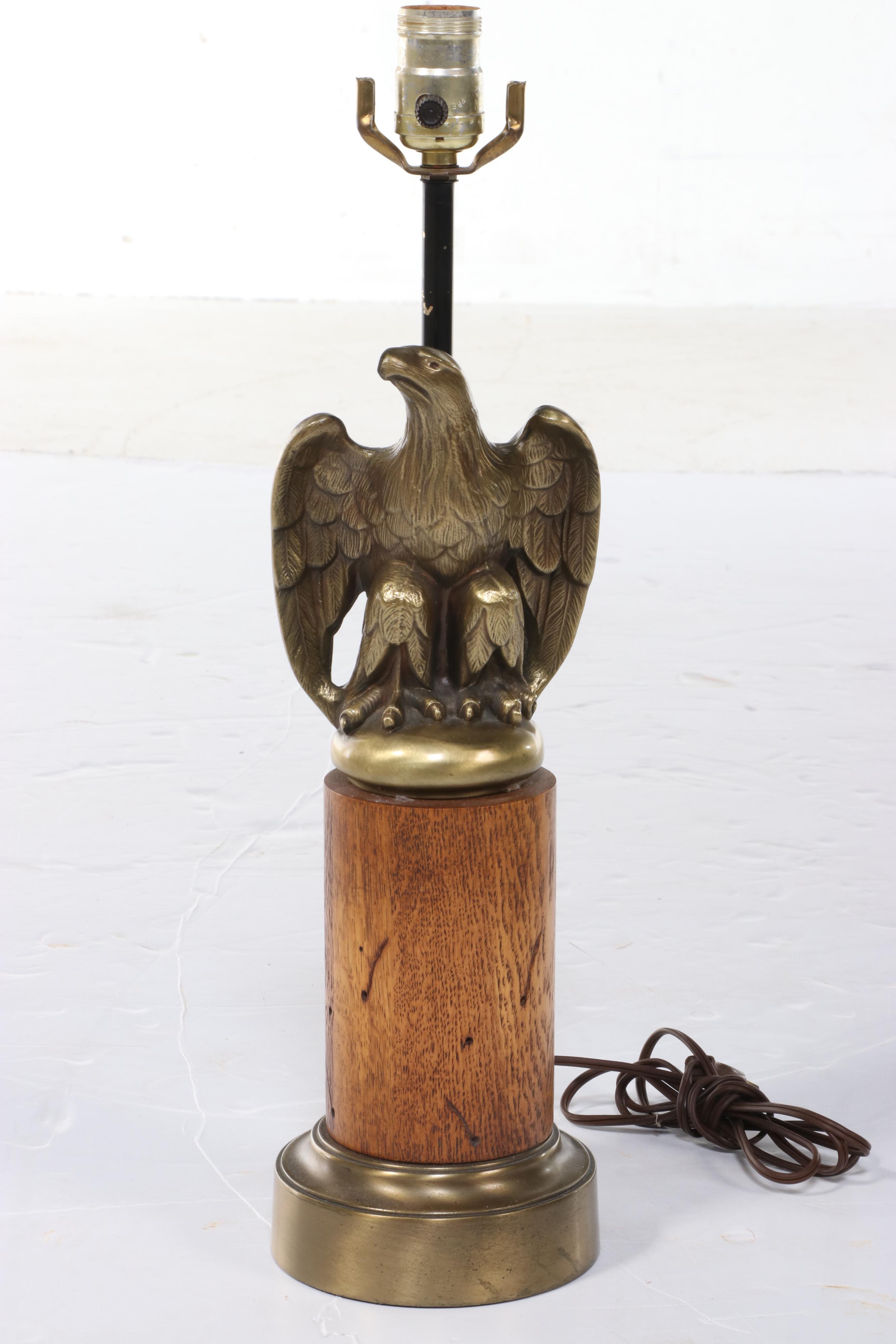 Westwood Carved Oak with Brass Eagle Table Lamp and Drum Shade, Mid-20th Century