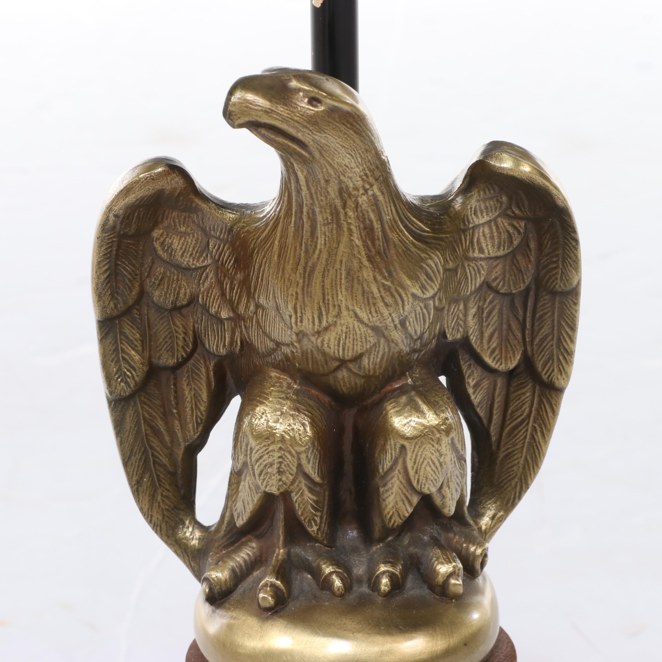 Westwood Carved Oak with Brass Eagle Table Lamp and Drum Shade, Mid-20th Century