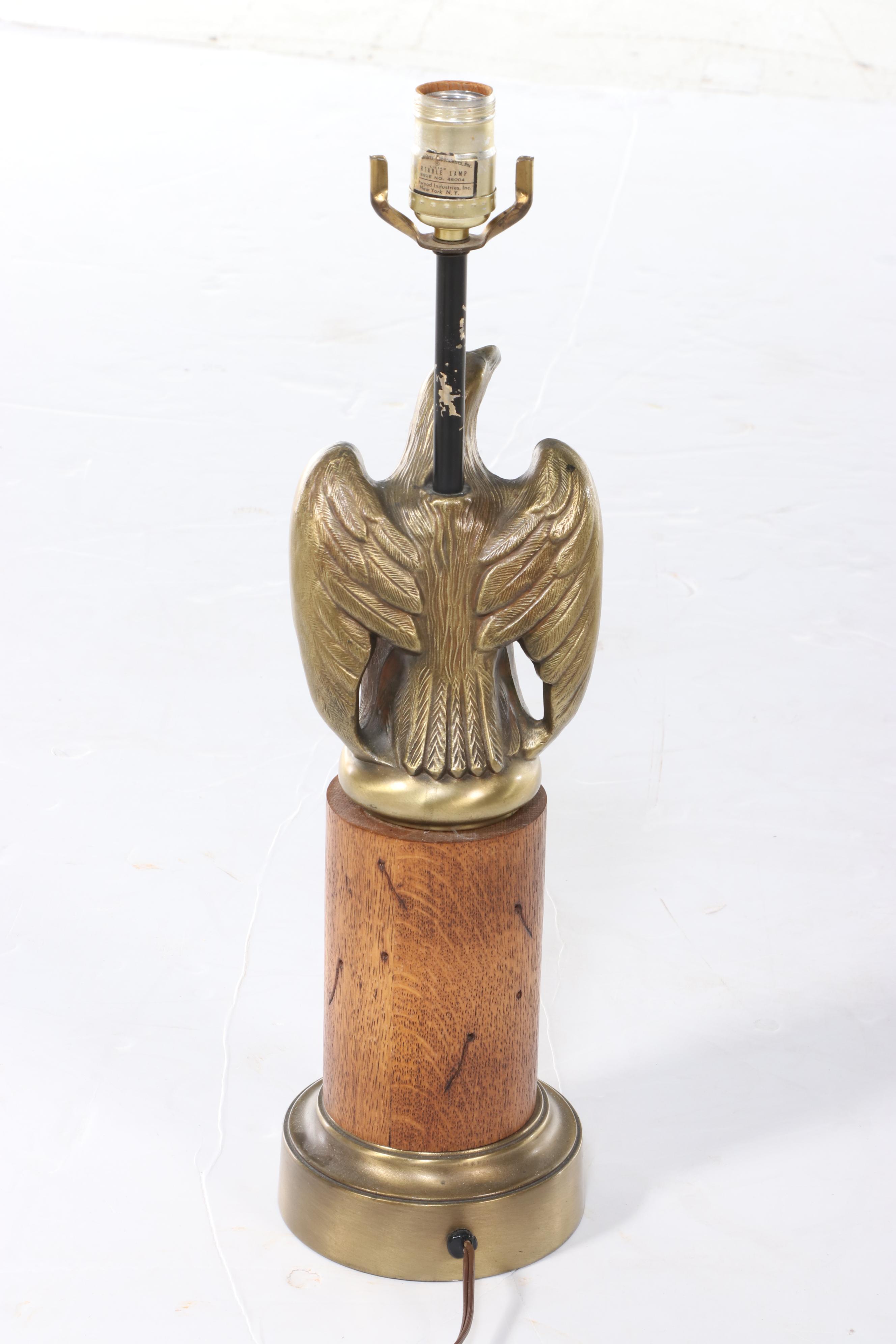 Westwood Carved Oak with Brass Eagle Table Lamp and Drum Shade, Mid-20th Century