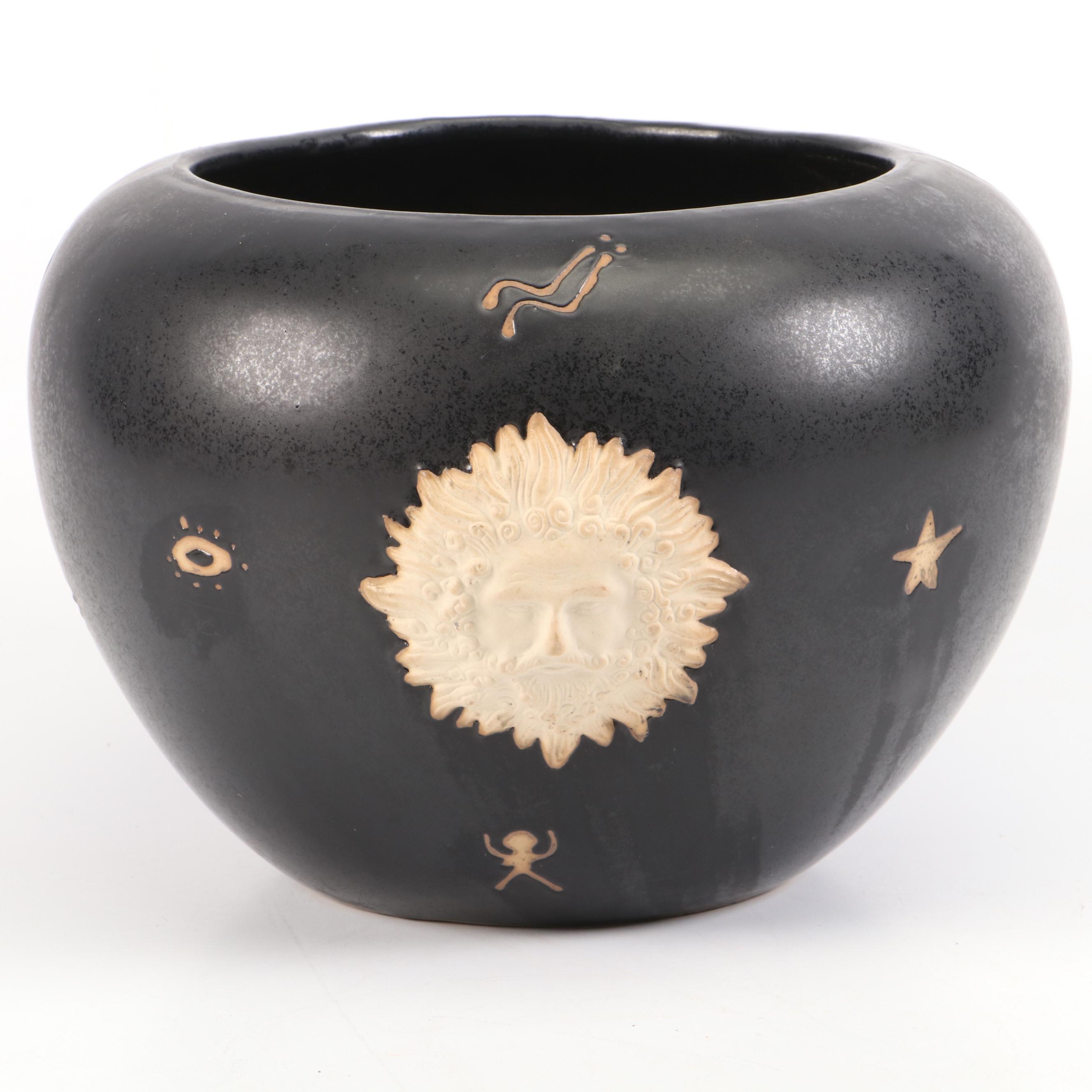 Napco Black Ceramic Bowl with Sun Face