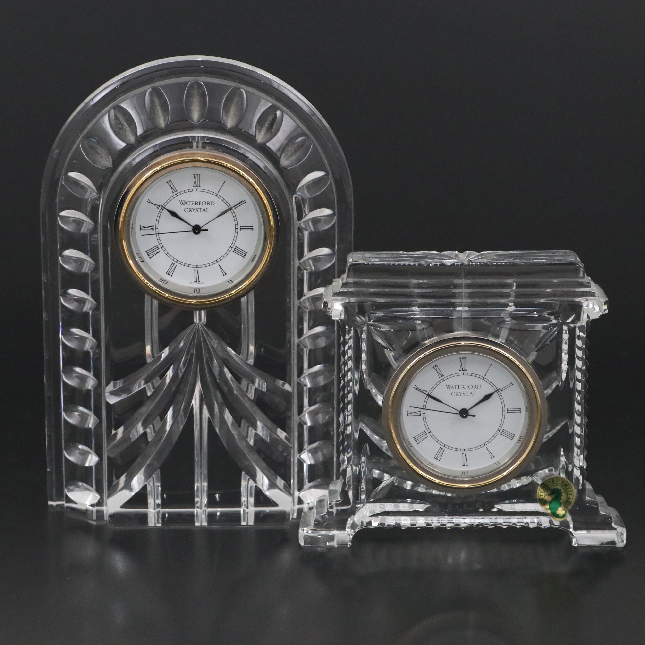 Waterford "Overture" Crystal Mantel Clock and "Coliseum" Crystal Mantel Clock