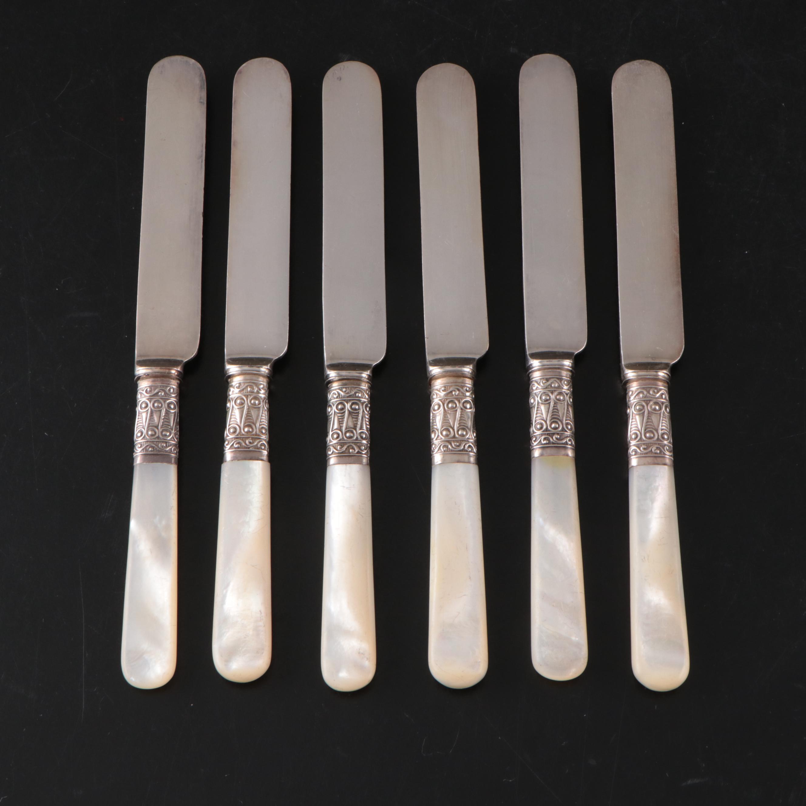 English Maleham & Yeomans Sterling Bostered MOP Knives with Other Tableware