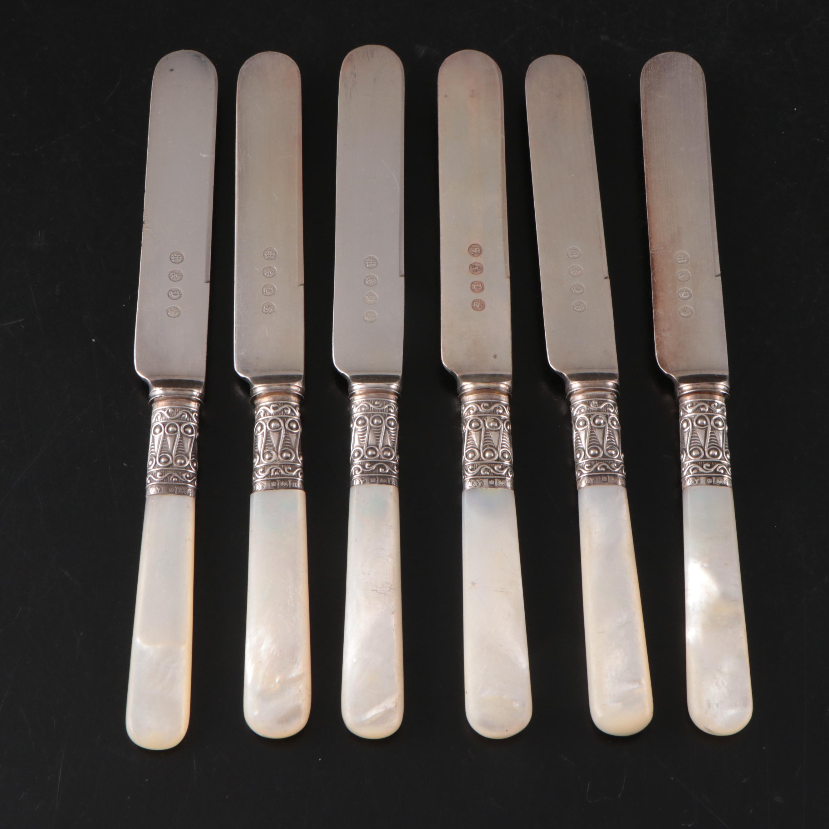 English Maleham & Yeomans Sterling Bostered MOP Knives with Other Tableware