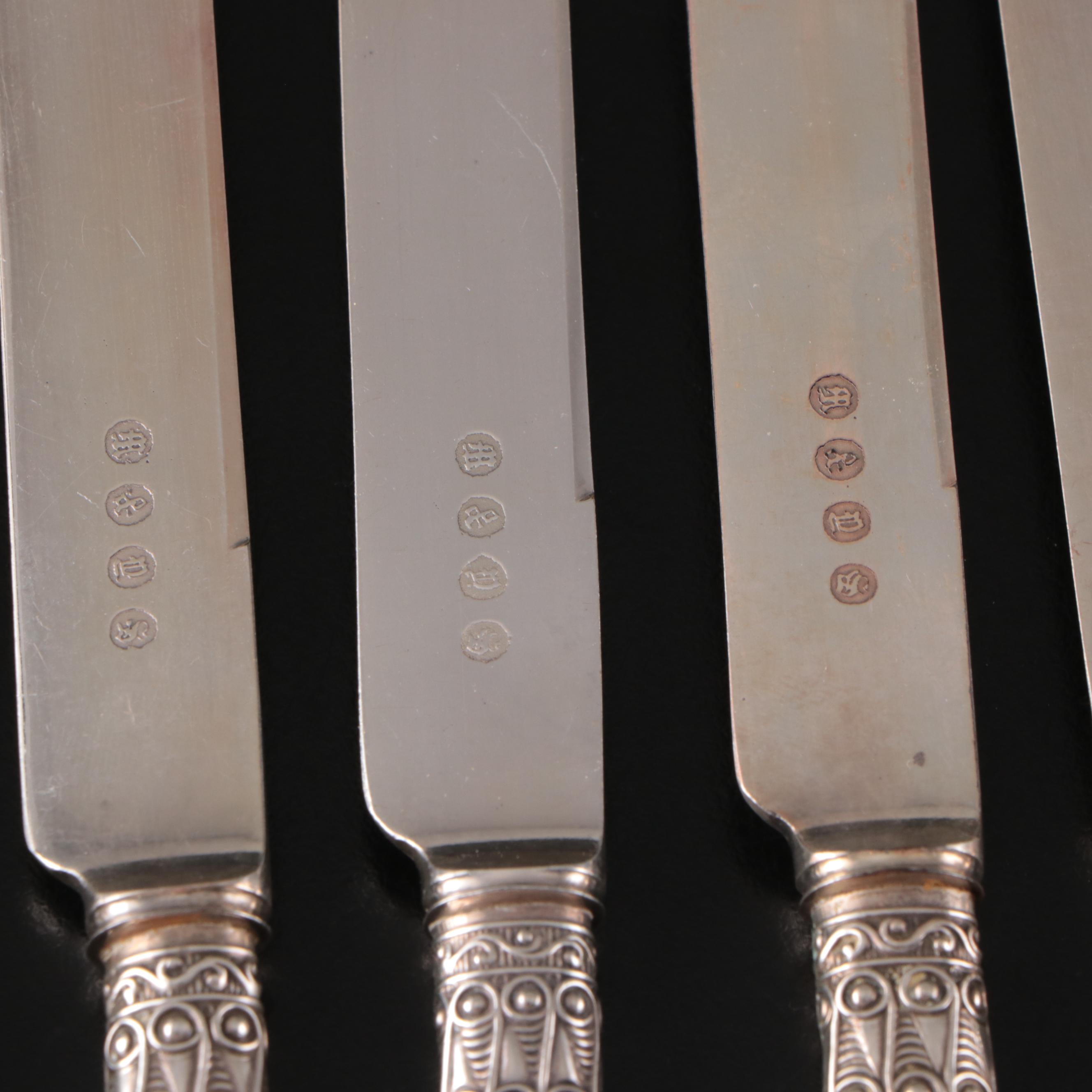 English Maleham & Yeomans Sterling Bostered MOP Knives with Other Tableware