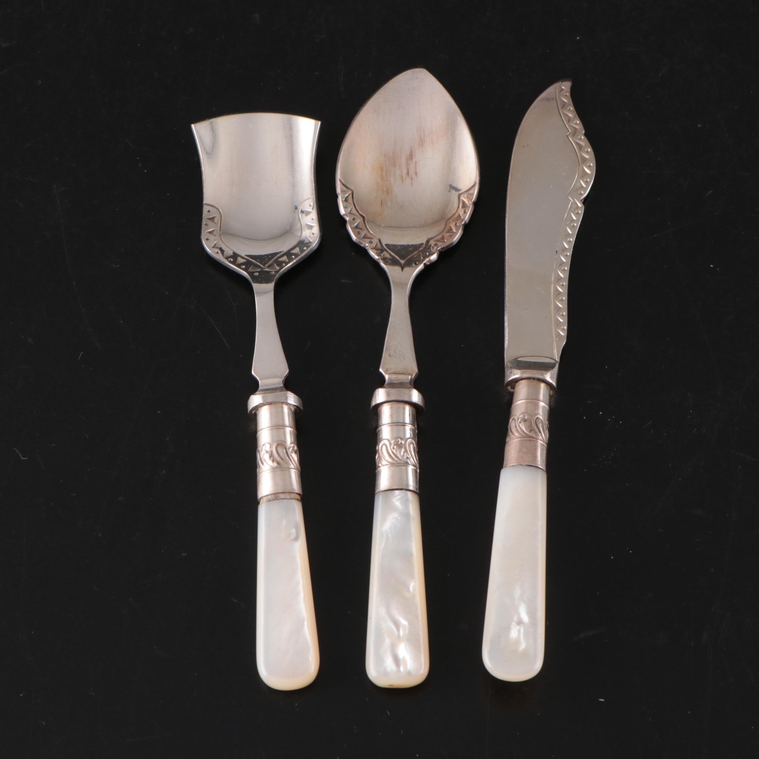 English Maleham & Yeomans Sterling Bostered MOP Knives with Other Tableware