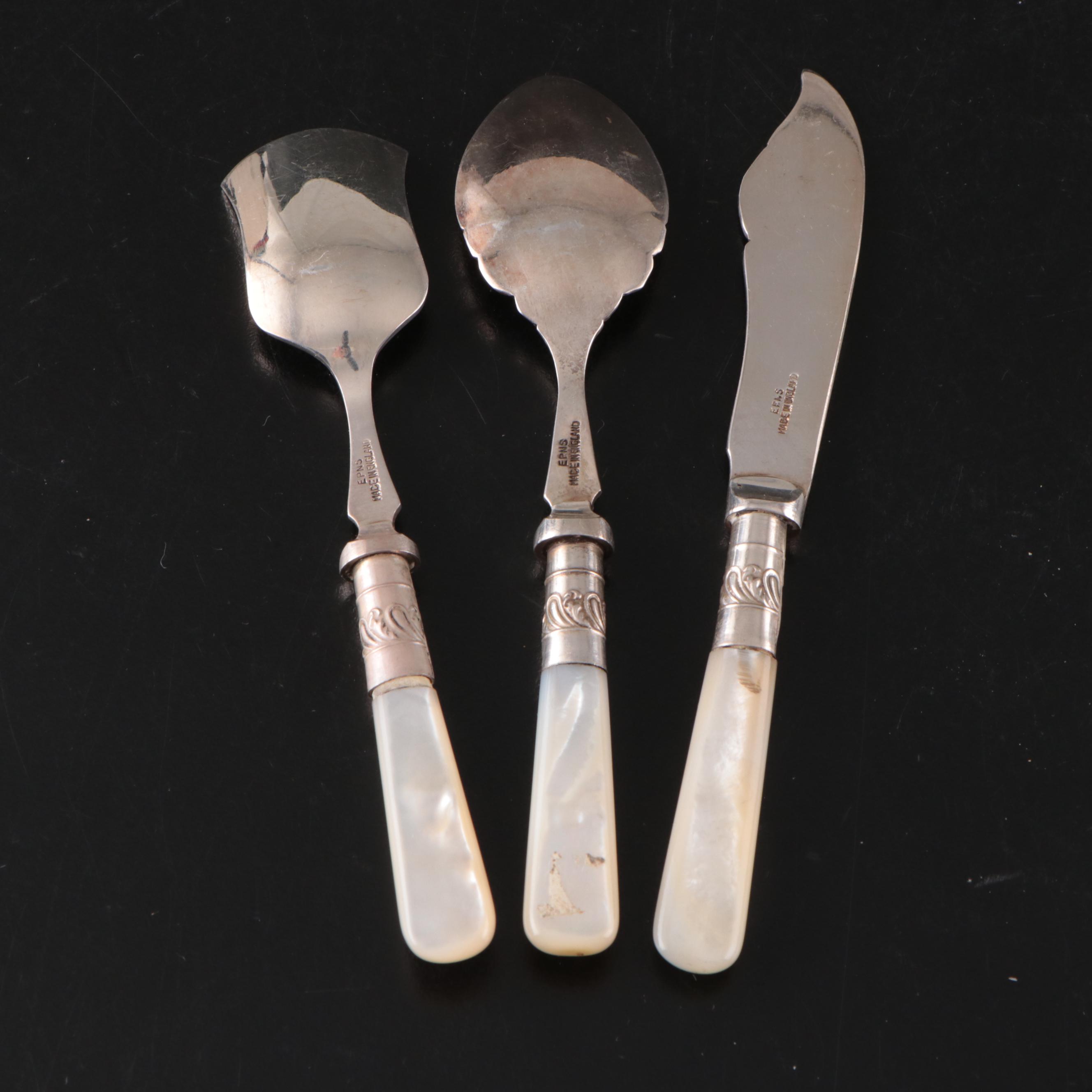 English Maleham & Yeomans Sterling Bostered MOP Knives with Other Tableware